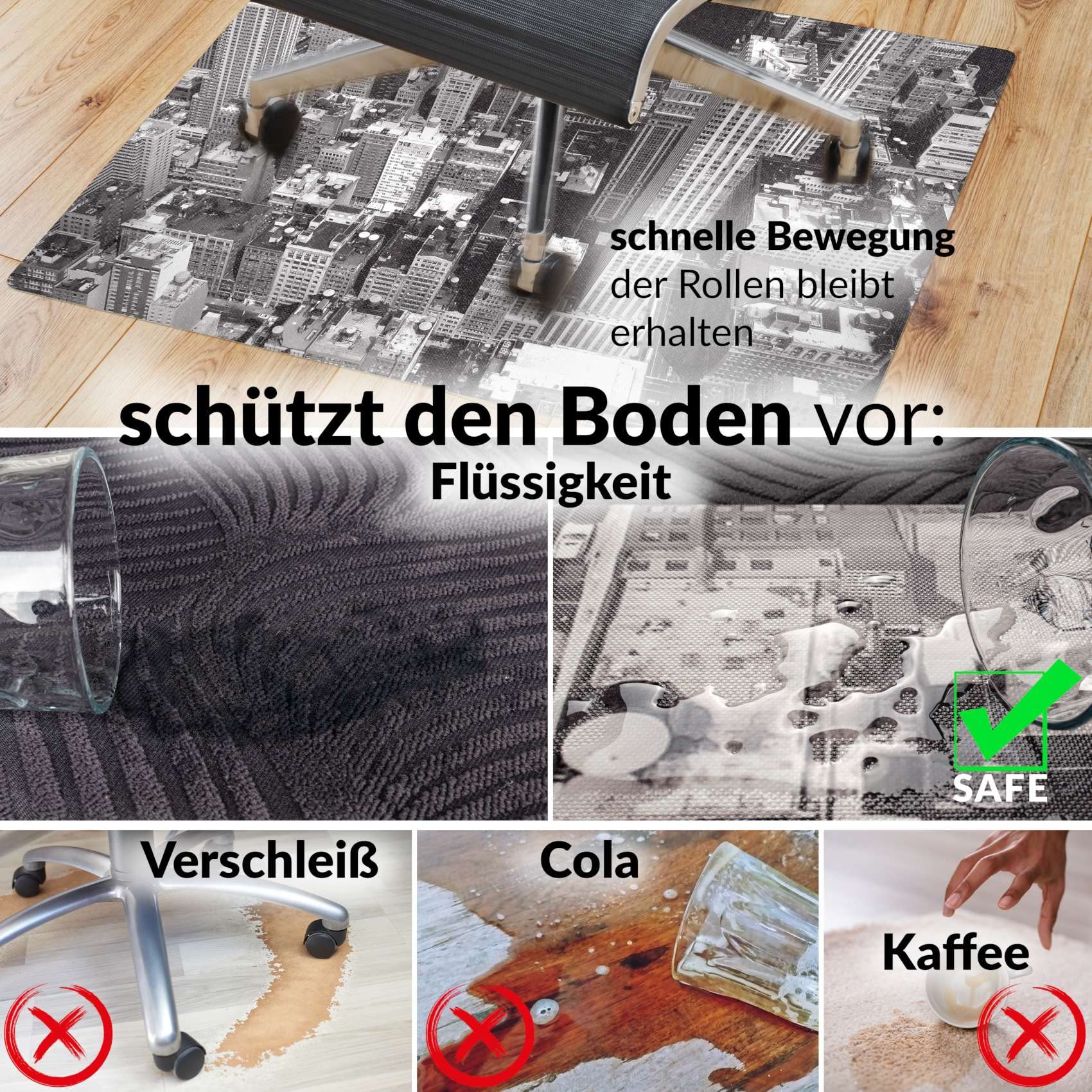 ANRO Tapis de protection du sol pour chaise de bureau - Grande chaise de bureau - Protection du sol - Antidérapant - Résistant aux rayures - Pour parquet - sols durs - New York - 90 x 120 cm