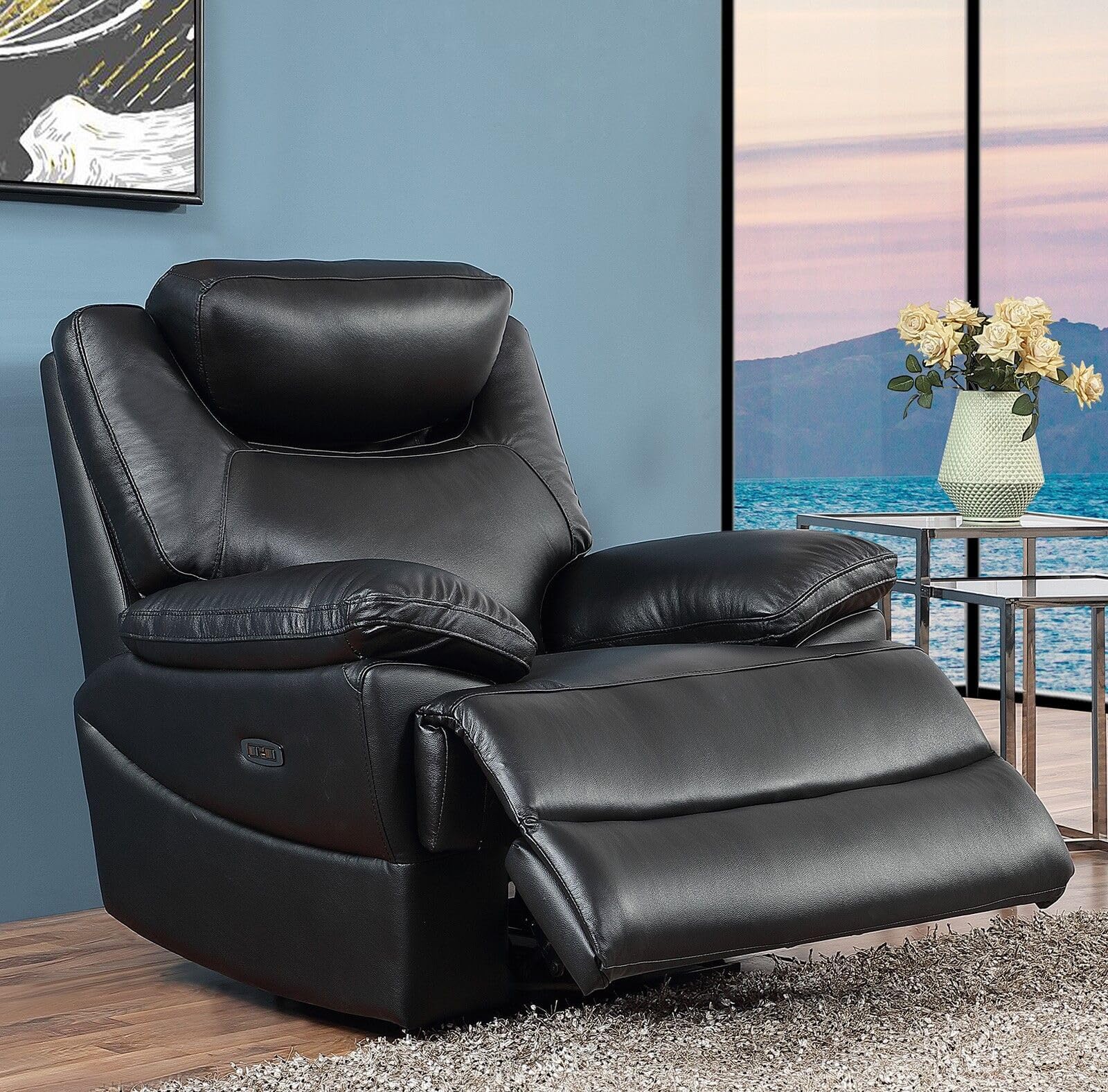 Mapo 3581 Relaxsessel elektrisch verstellbar | 1-Sitzer Fernsehsessel aus Comfort Leder | Ergonomischer Heimkino Sessel mit Kopf- & Fußstütze, Vollleder, bis 160 kg belastbar | Schwarz (Leder)