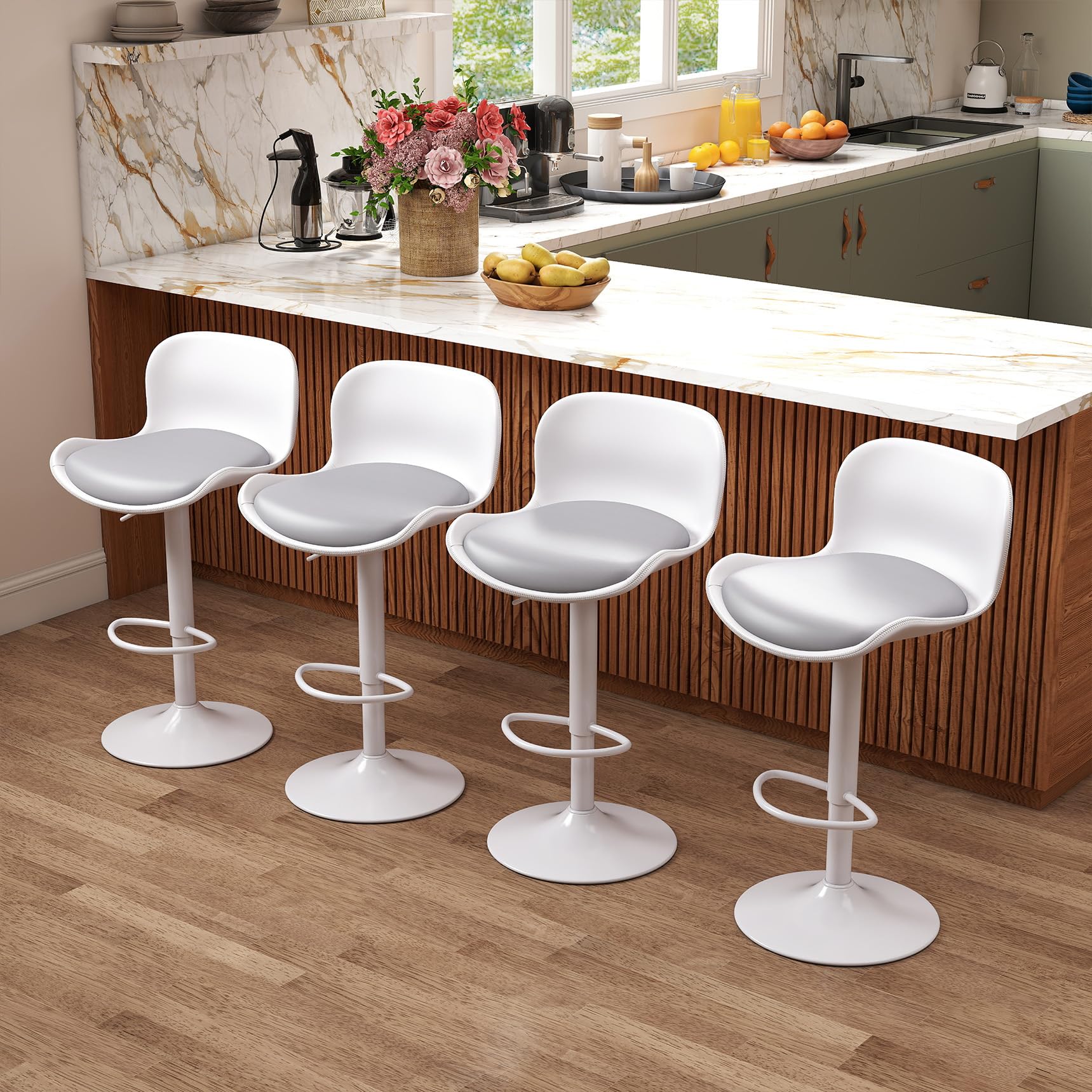 Flysky Bar stool Set of 4, 360° swivel chair, height-adjustable, Barstool with backrest and footrest, imitation leather 120kg kitchen stool, Barstools for Kitchen, Dining room, Bar, White/Grey