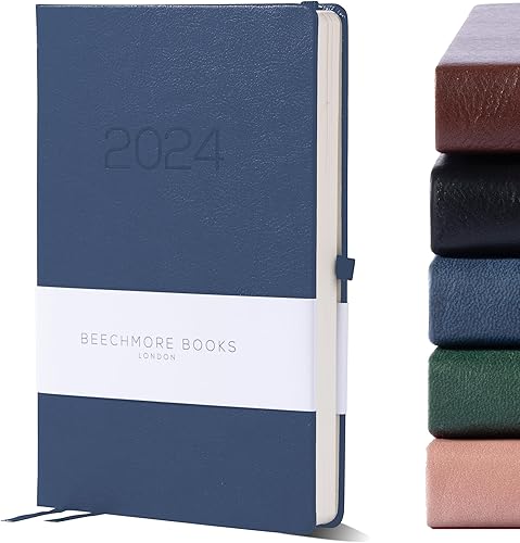Beechmore Books - Agenda semanal Agenda 2024 Grande (5.75 x 8.25 pulgadas), cuero vegano de tapa dura, papel crema grueso de 4.23 ozm, caja de