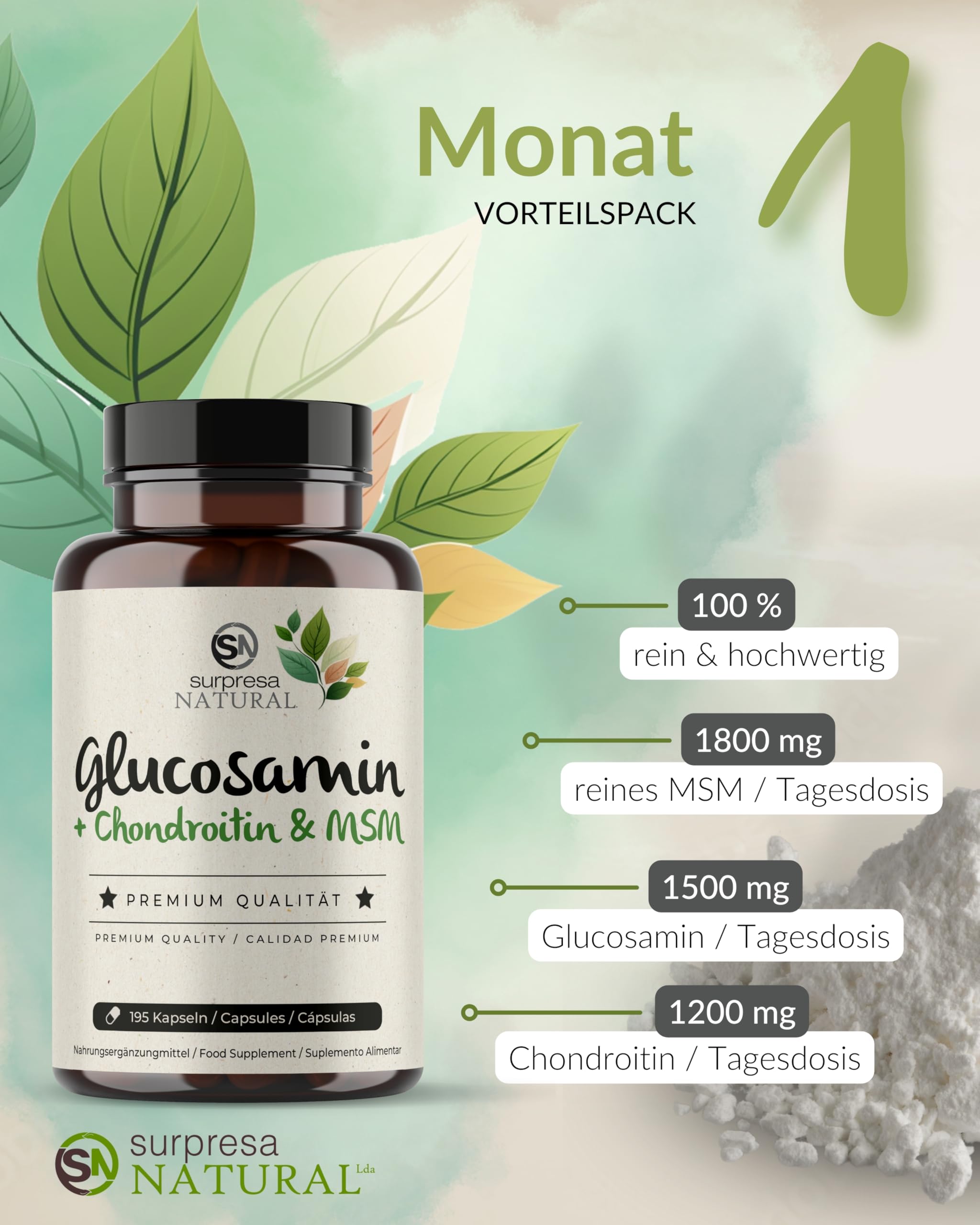 Glucosamin Chondroitin & MSM Kapseln hochdosiert I 1x 195 Kapseln I 4500 mg pro Tagesdosis I Nahrungsergänzungsmittel ohne Zusatzstoffe & laborgeprüft I 1 Monatsvorrat
