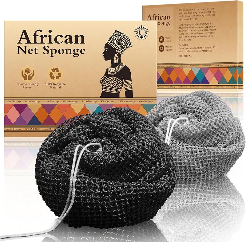 Esponja de banho de rede africana SpiralScgv preta e cinza, macia, Pacote com 2