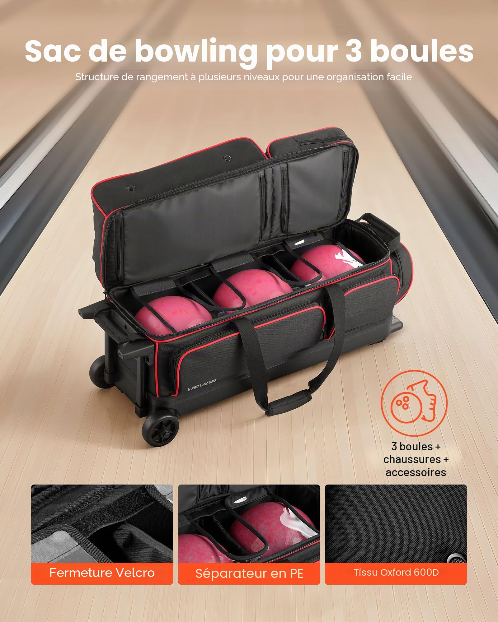 VEVOR Sac de Bowling à roulettes, Valise de Transport pour Bowling Capacité 3 Boules, avec Compartiment pour Chaussures, Poche pour Accessoires Surdimensionnée et Poignée Rétractable Extensible