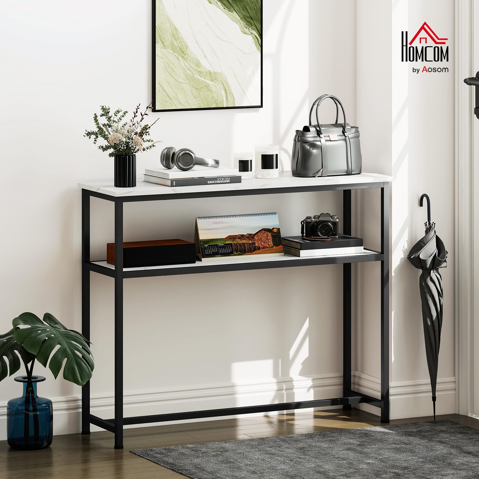 HOMCOM Mesa Consola Moderna Consola Recibidor Estrecha 100 cm Blanco | Superficie con Efecto Mármol, Estante Abierto, Marco de Metal, Mesa de Sofá, para Entrada Sala de Estar