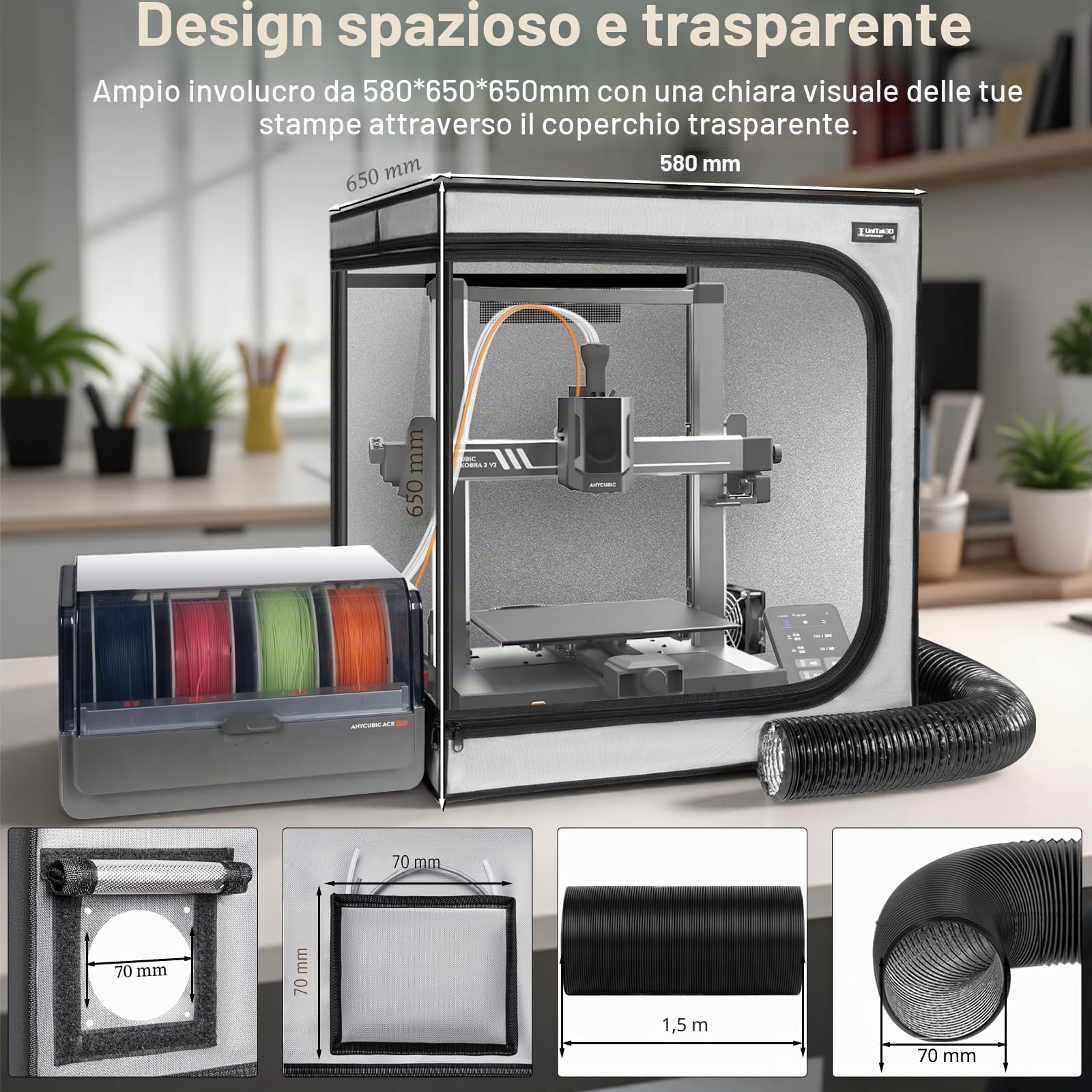 Aggiornamento Custodia per Stampante 3D con Kit Ventilazione Compatible with Anycubic Kobra 3/3 V2 Combo/Flashforge AD5X, Luce LED, Temperatura Costante Copertura per Stampante 3D-580 * 650 * 650mm