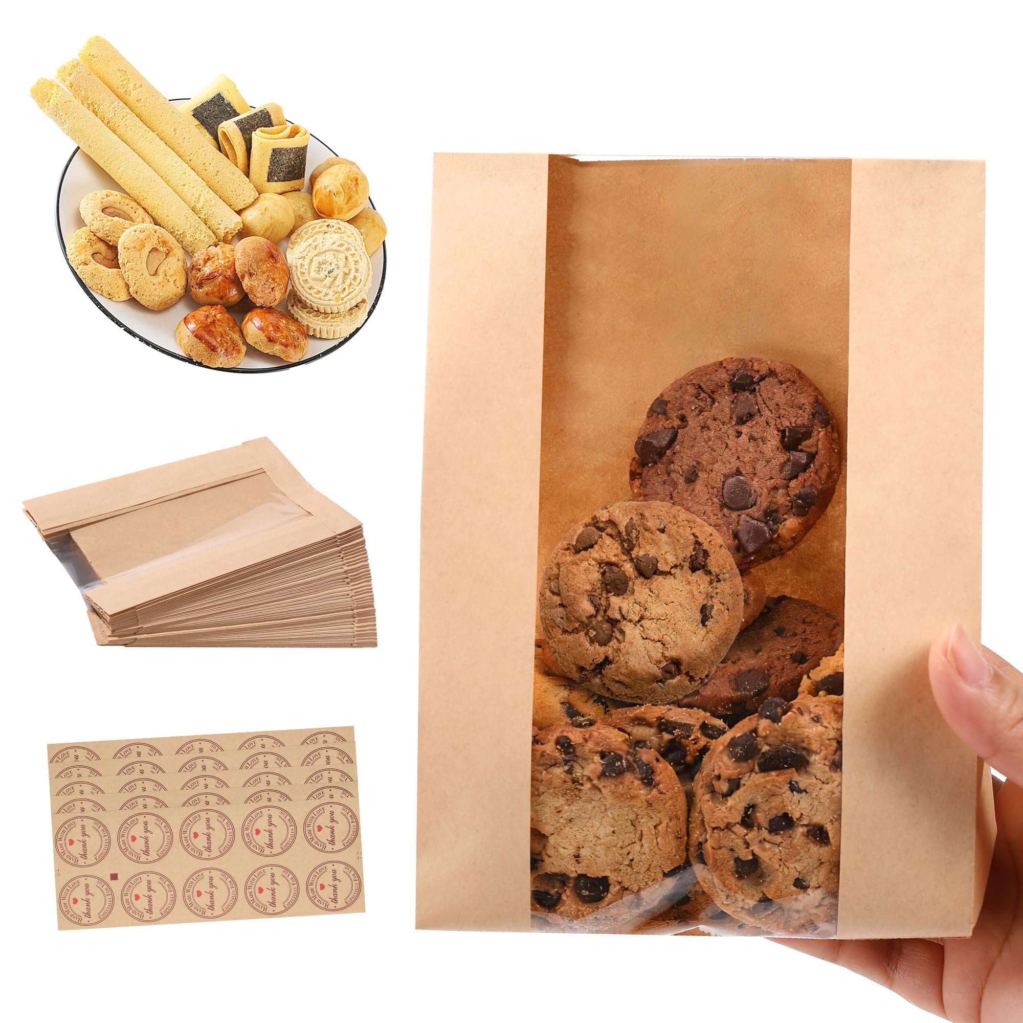 Bpole Cookie Bags with Seal - 50 PCS Small Bakery Bags with Window,5.1x2.8x9.1Inches Kraft Paper Cookie Treat Bag for Cookie Packaging Coffee Bean Snack Party