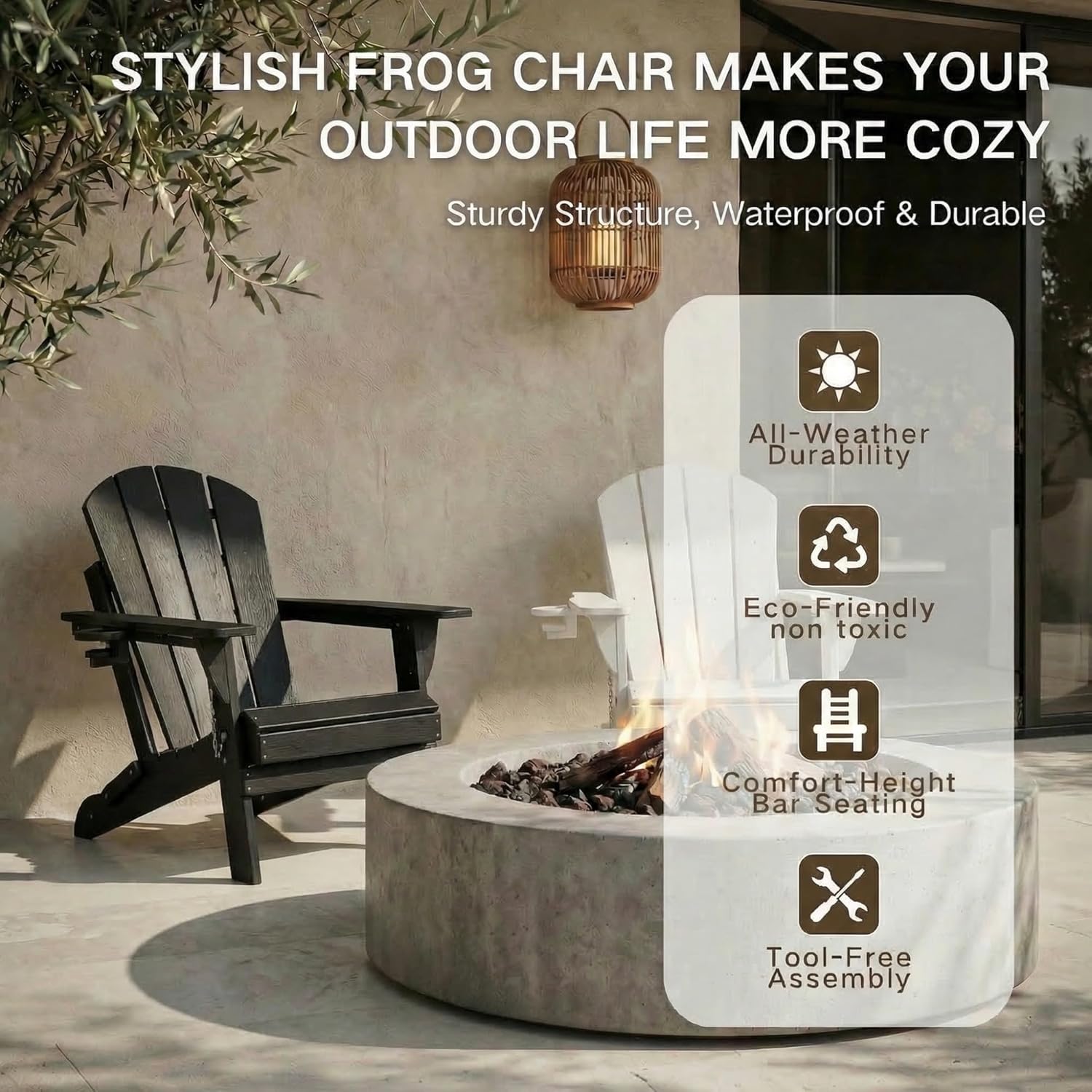 Folding Adirondack Chairs Set of 2, HDPE Plastic Adirondack Chair with Wood-Texture & Cup Holder, Fire Pit Chairs for Garden Backyard Porch