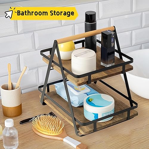 Miniatura 3 de TIEYIPIN Organizador desmontable de 2 niveles para cesta de frutas, almacenamiento de encimera de metal y madera con mango de madera para cocina,