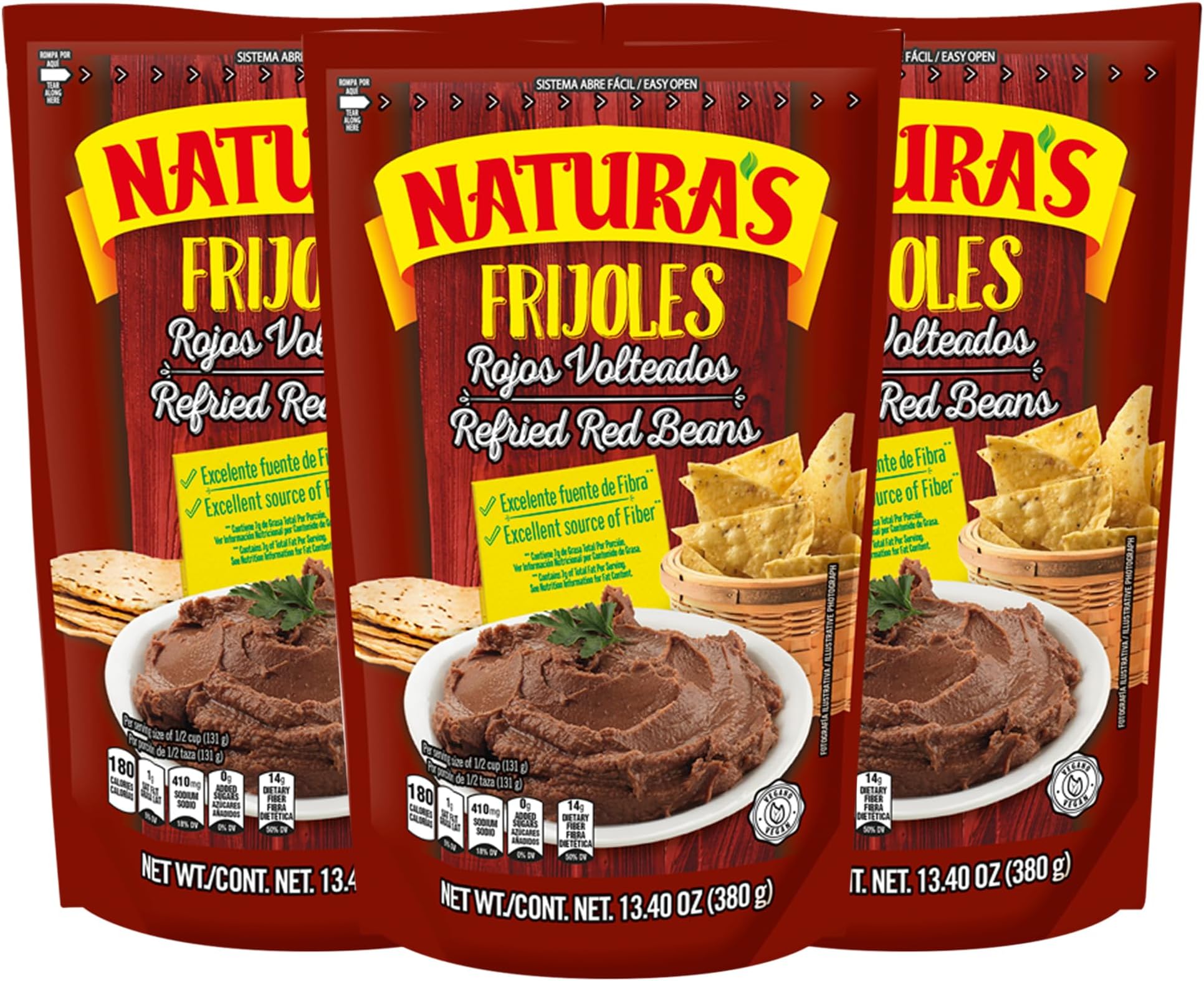 Natura's Refried Red Beans, Ready-to-Eat Vegetarian Refried Beans, Frijoles Rojos 14.1 oz Pouch (Pack of 3)