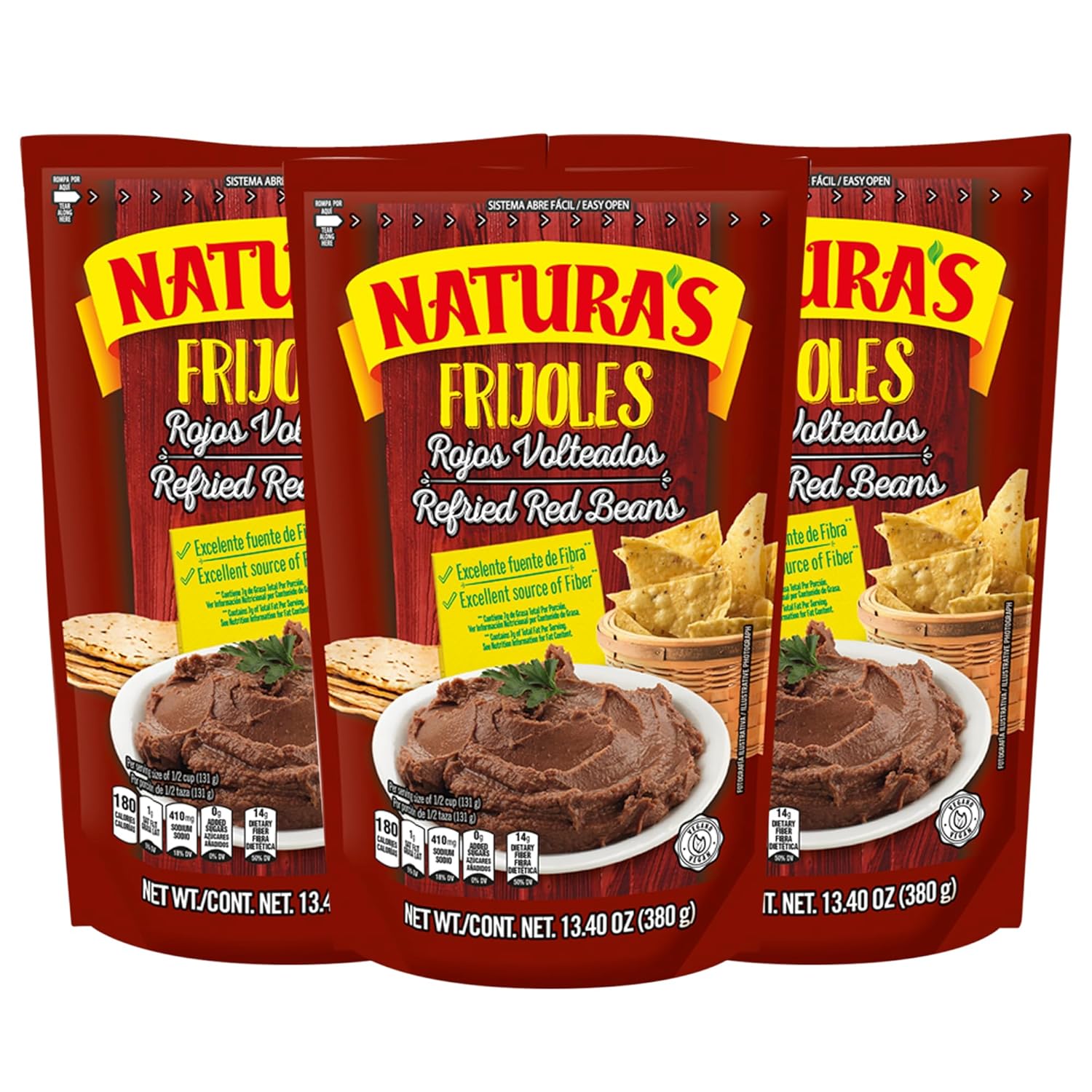 Natura's Refried Red Beans: Ready-to-Eat Vegetarian Frijoles Rojos, 13.4 oz Pouch Pack of 3 | Gluten-Free Vegan High Fiber Protein