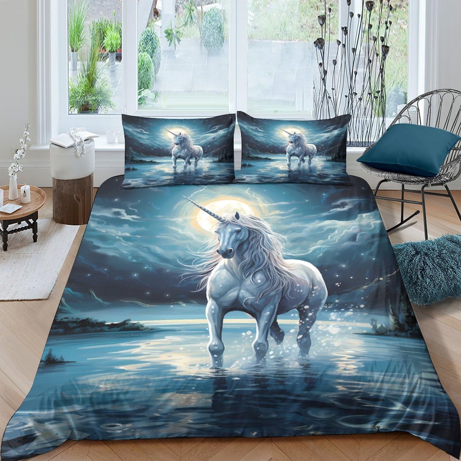 Ctjqhvkz Style-6 3D Printed Moonlight Unicorn Fitted Sheet Microfiber Soft Slip-Resistant Lake Fantasy Mattress Cover Bedroom Decor Single（135X200cm）