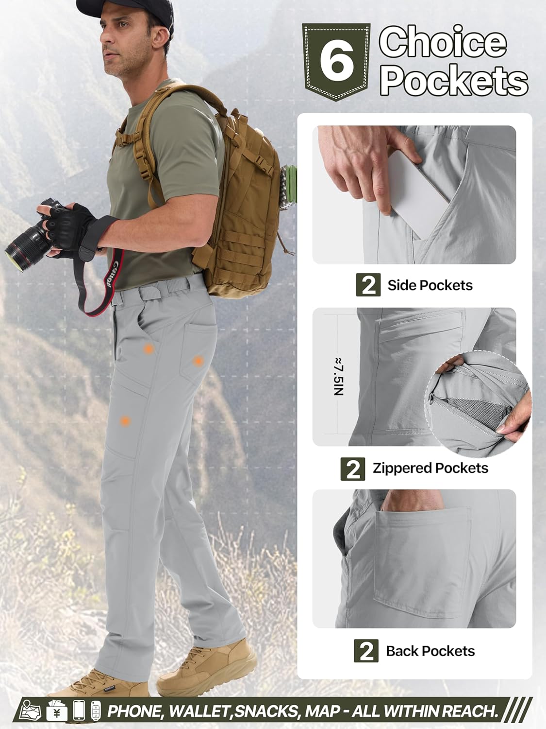 FREE SOLDIER Men's Outdoor Cargo Hiking Pants with Belt Lightweight Waterproof Quick Dry Tactical Pants Nylon Spandex