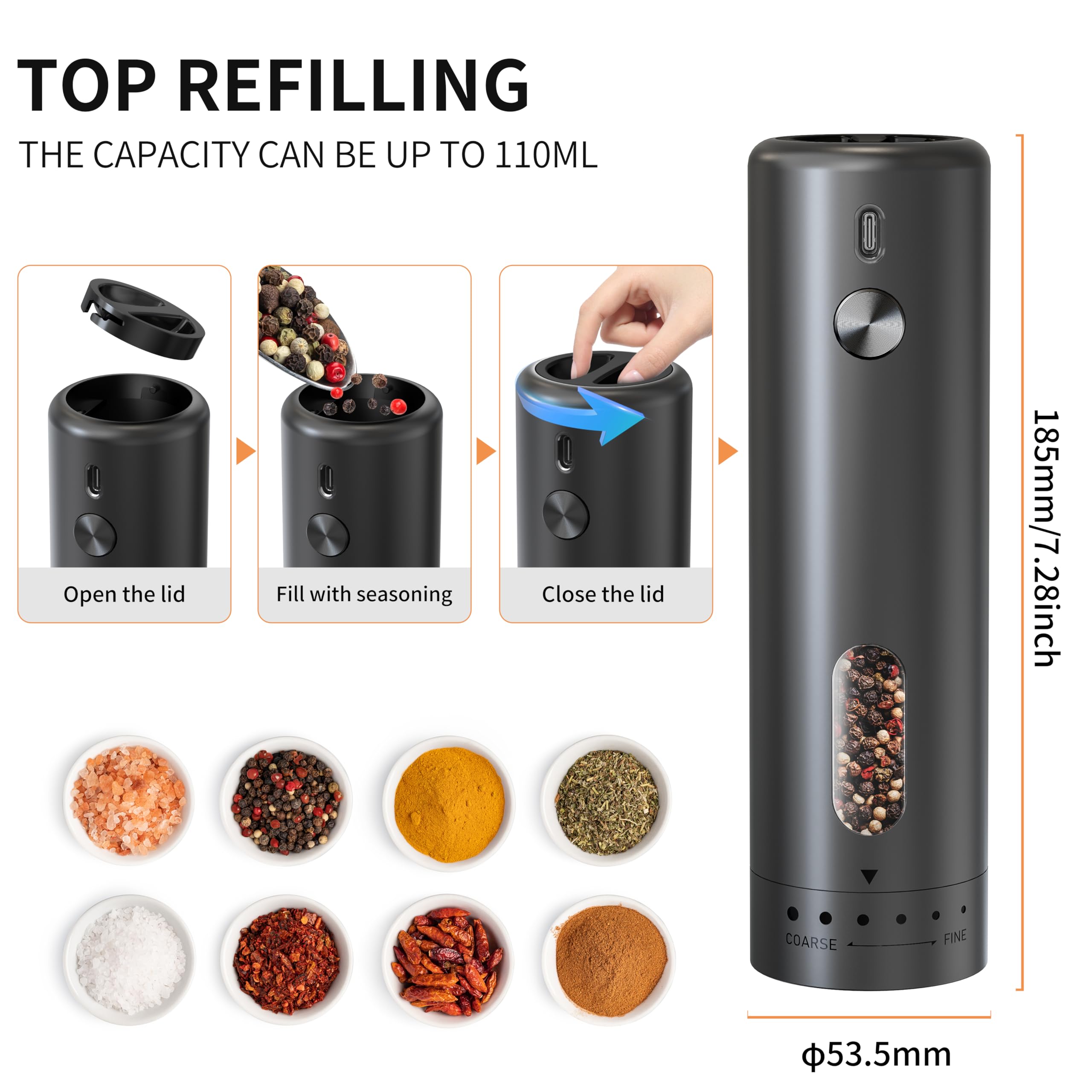 Macina Sale e Pepe Elettrico Set, Macina Spezie e Sale Grosso Elettrico con Base, Macinapepe Grinder in Ceramica Rugosità Regolabile, Set Trita Spezie Automatici Ricaricabile USB per Cucina e Tavola