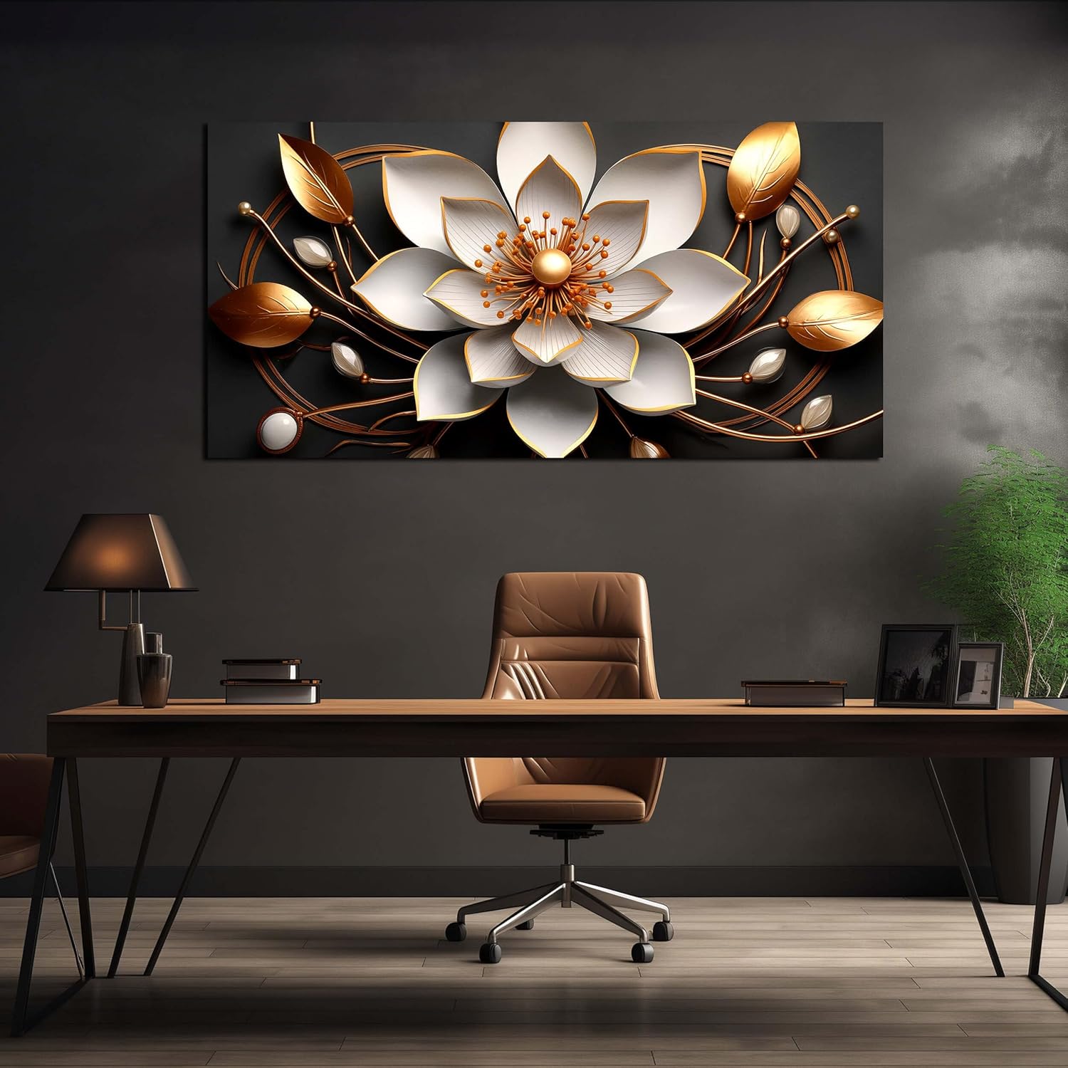 Large Canvas Wall Art Gold and White Flower Picture Wall Decor for Living Room Office Bedroom Decor Wall Painting framed wall art Modern Artwork Decorative Painting Wall Art Ready to Hang 29x58 IN
