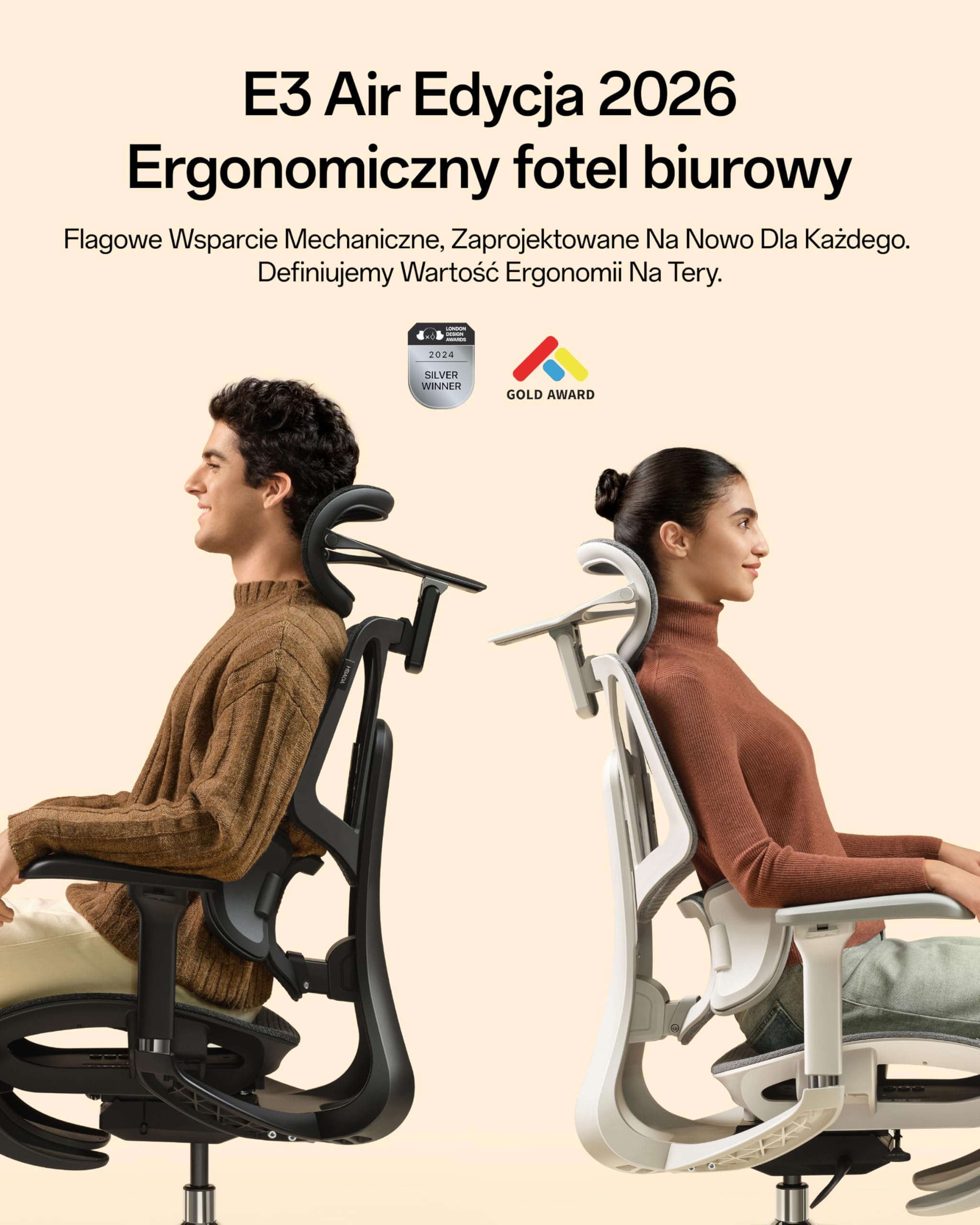 Hbada E3 Air Edycja 2026 Ergonomiczne Krzesło Biurowe, Fotel do Pracy Zdalnej z Siatki, 3-strefowe Wsparcie Lędźwiowe, Zagłówek, Podłokietniki 4D, Nachylenie 140°, Białe, Podnóżek