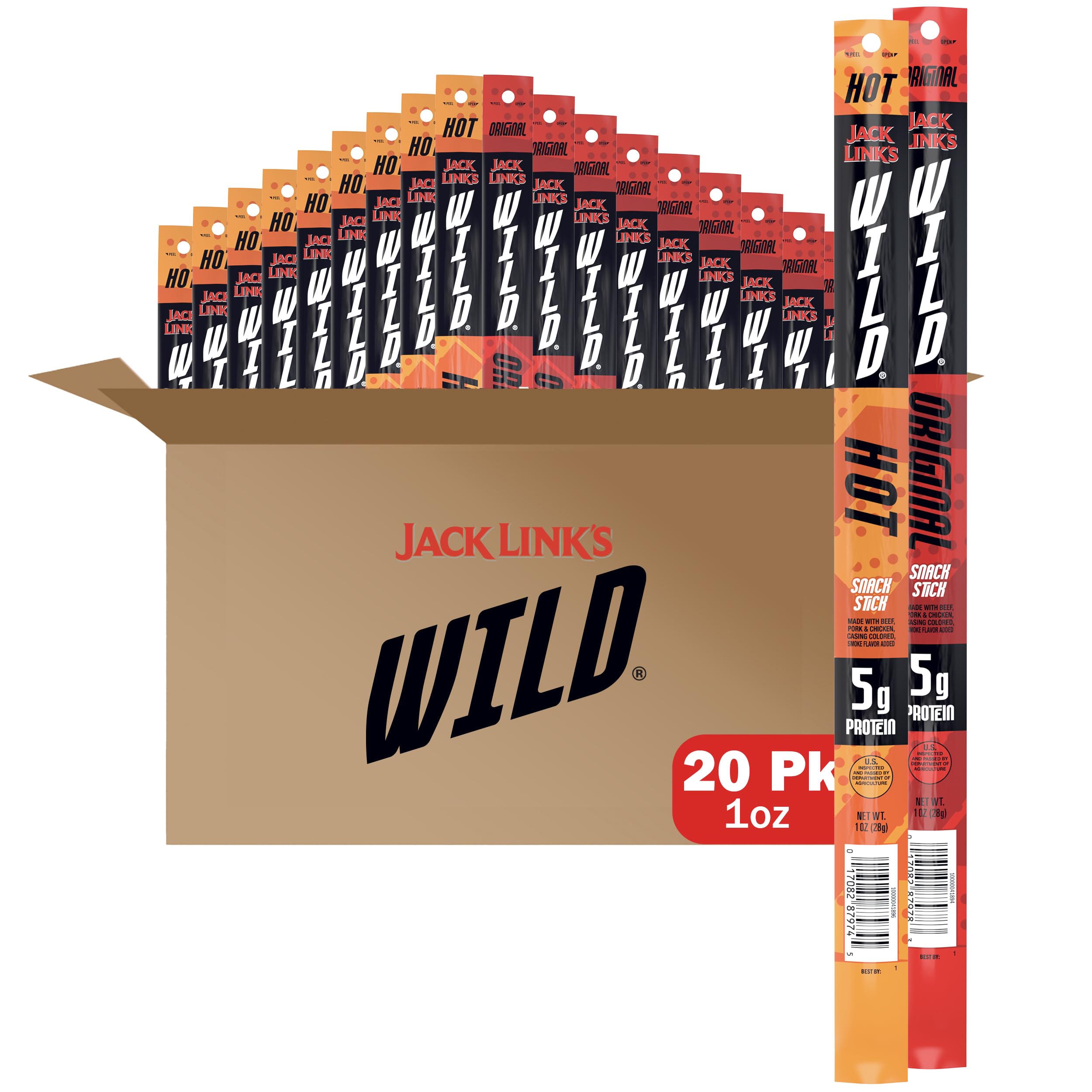 Jack Link'sWILD Snack Sticks, Original and Hot Variety Pack - Protein Snack Sticks with 5g of Protein per Serving, Keto Friendly, Individually Wrapped - 1.0 Oz. (Pack of 20)