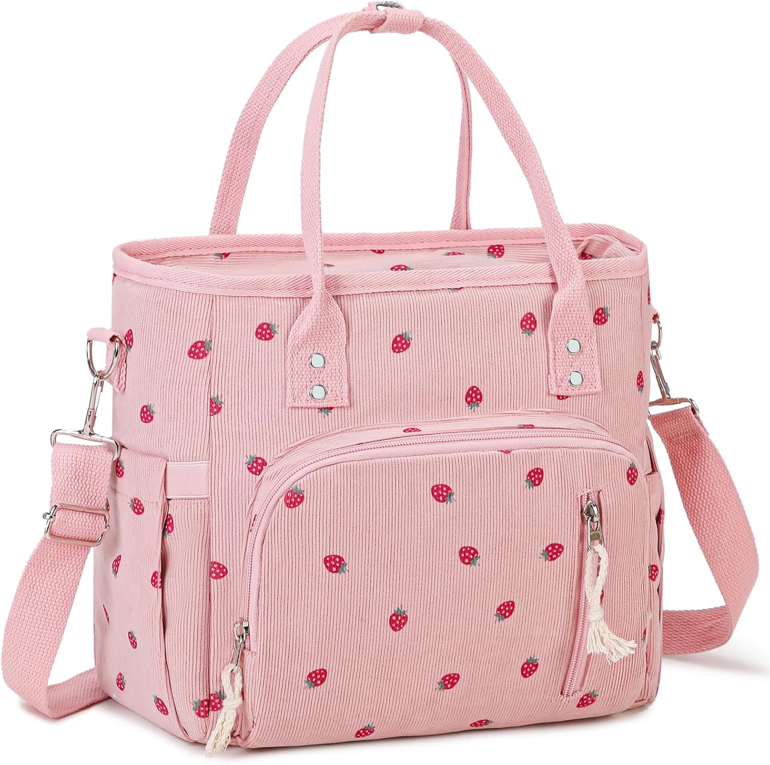 Lunch Bag for Women Men - Corduroy Lunch Tote Bag Reusable Insulated Lunch Box Adult Leakproof Portable Large Cooler Tote Bags for Work Picnic or Travel (Pink Strawberry)