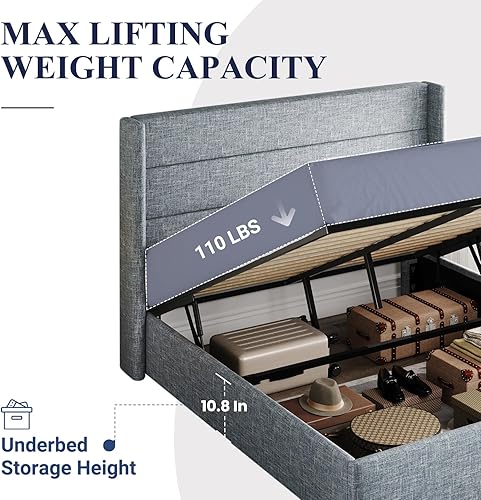 Miniatura 5 de Allewie Cama de almacenamiento elevable de tamaño matrimonial, cabecera moderna con respaldo de ala, soporte hidráulico, no necesita somier, gris