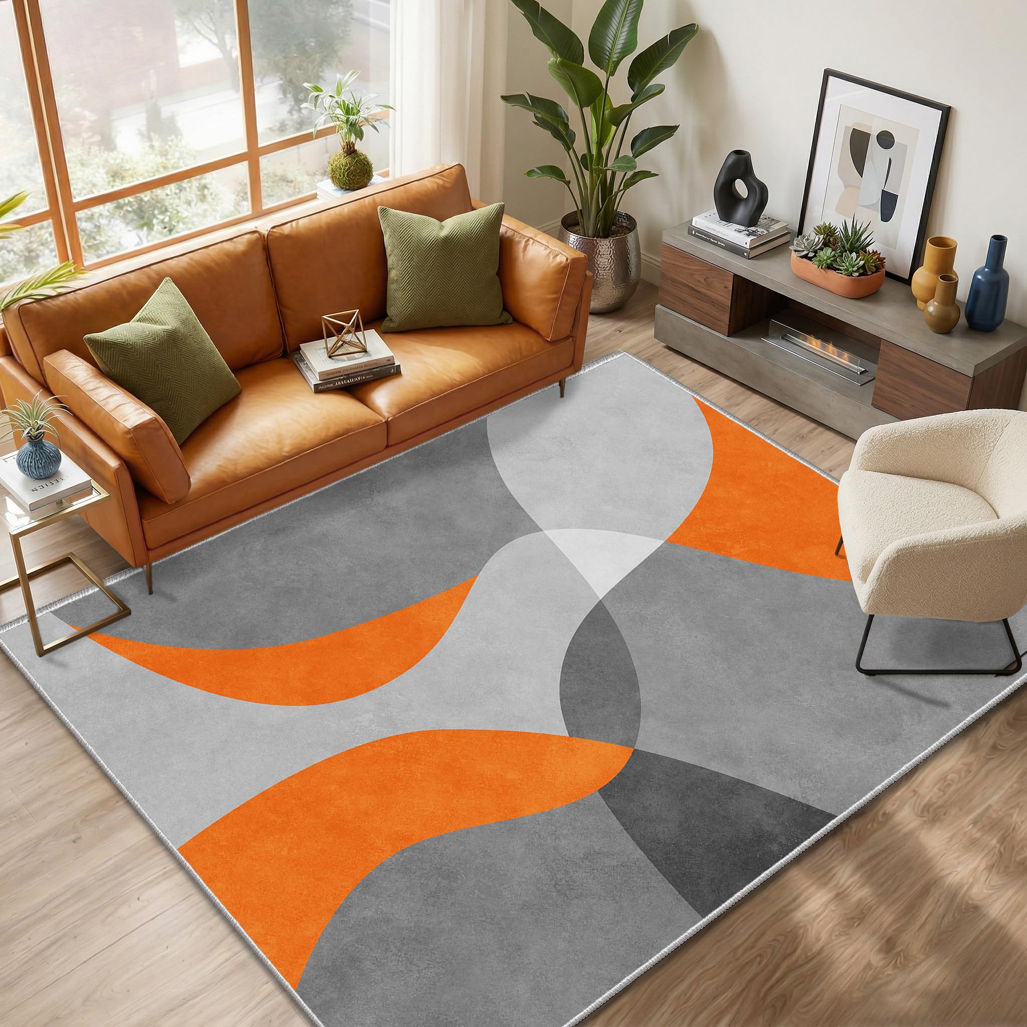 WQMMD Modern Abstract Washable Rug for Living Room 180x250cm, Soft Low Pile Non Slip Area Rug, Grey Orange Geometric Carpet for Bedroom, Kitchen, Office & Kids Room