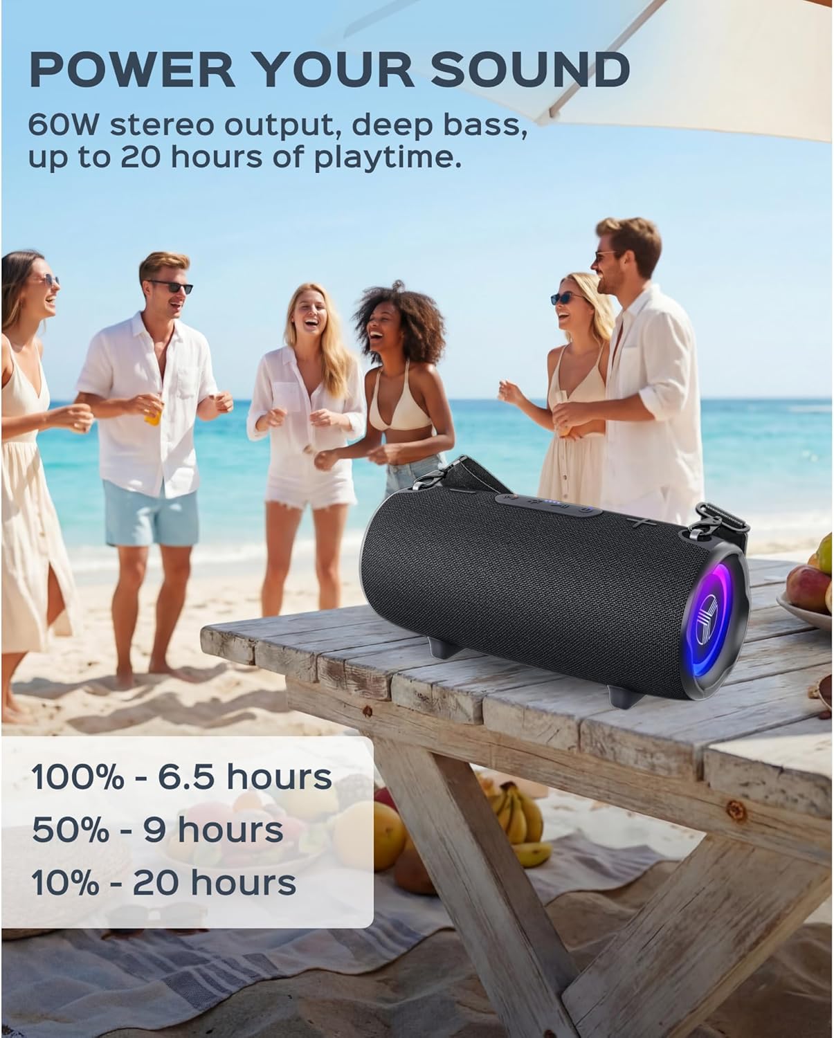TREBLAB HD-Max - Loud Portable Bluetooth Speaker for Outdoor Parties, Beach & Camping - Powerful Wireless Stereo Sound with Deep Bass, IPX7 Waterproof, 20H Playtime, Powerbank to Charge Your Devices - Image 8