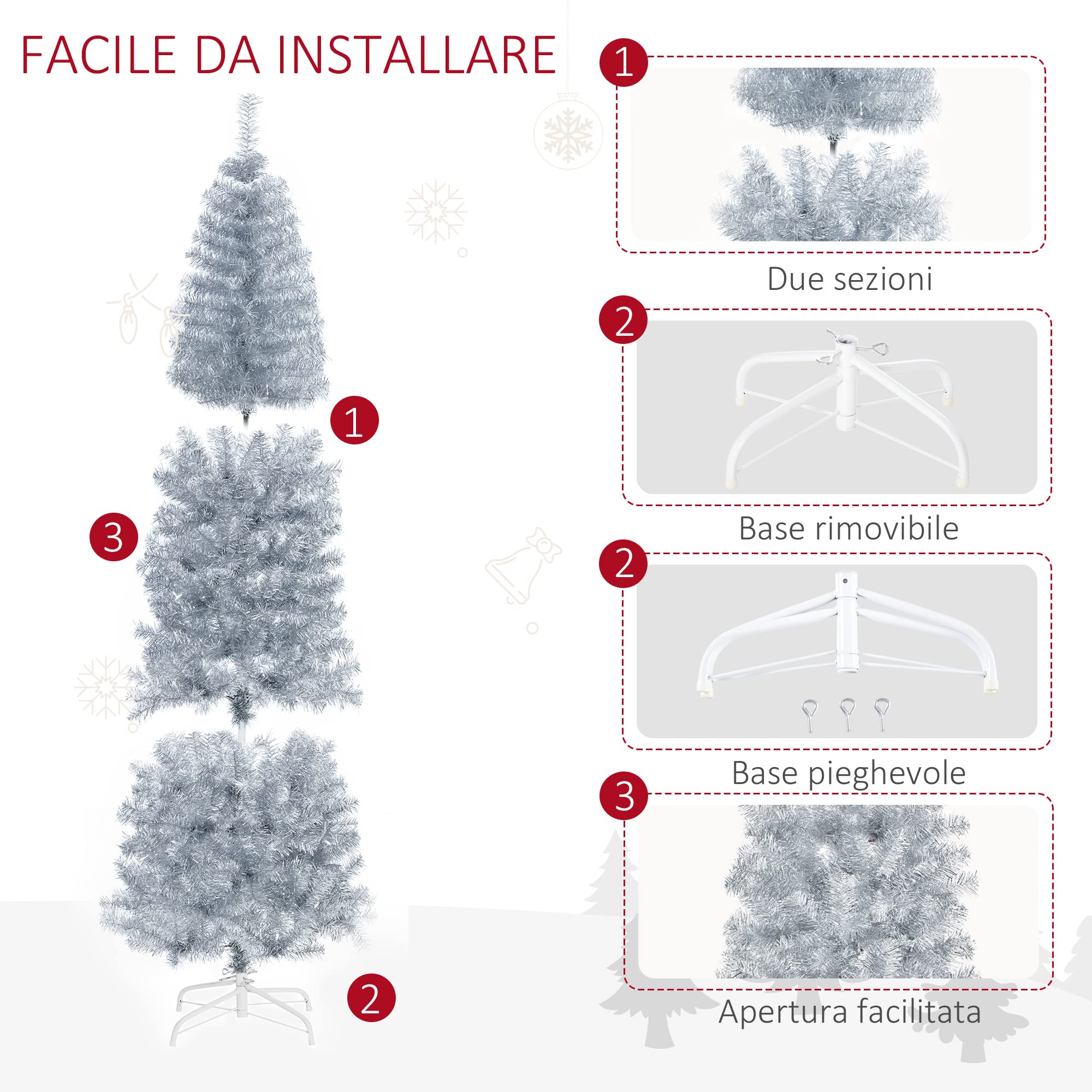 HOMCOM Albero di Natale Slim Artificiale 150 cm con Rami Realistici, Albero di Natale Alto e Stretto con Base in Plastica, Verde