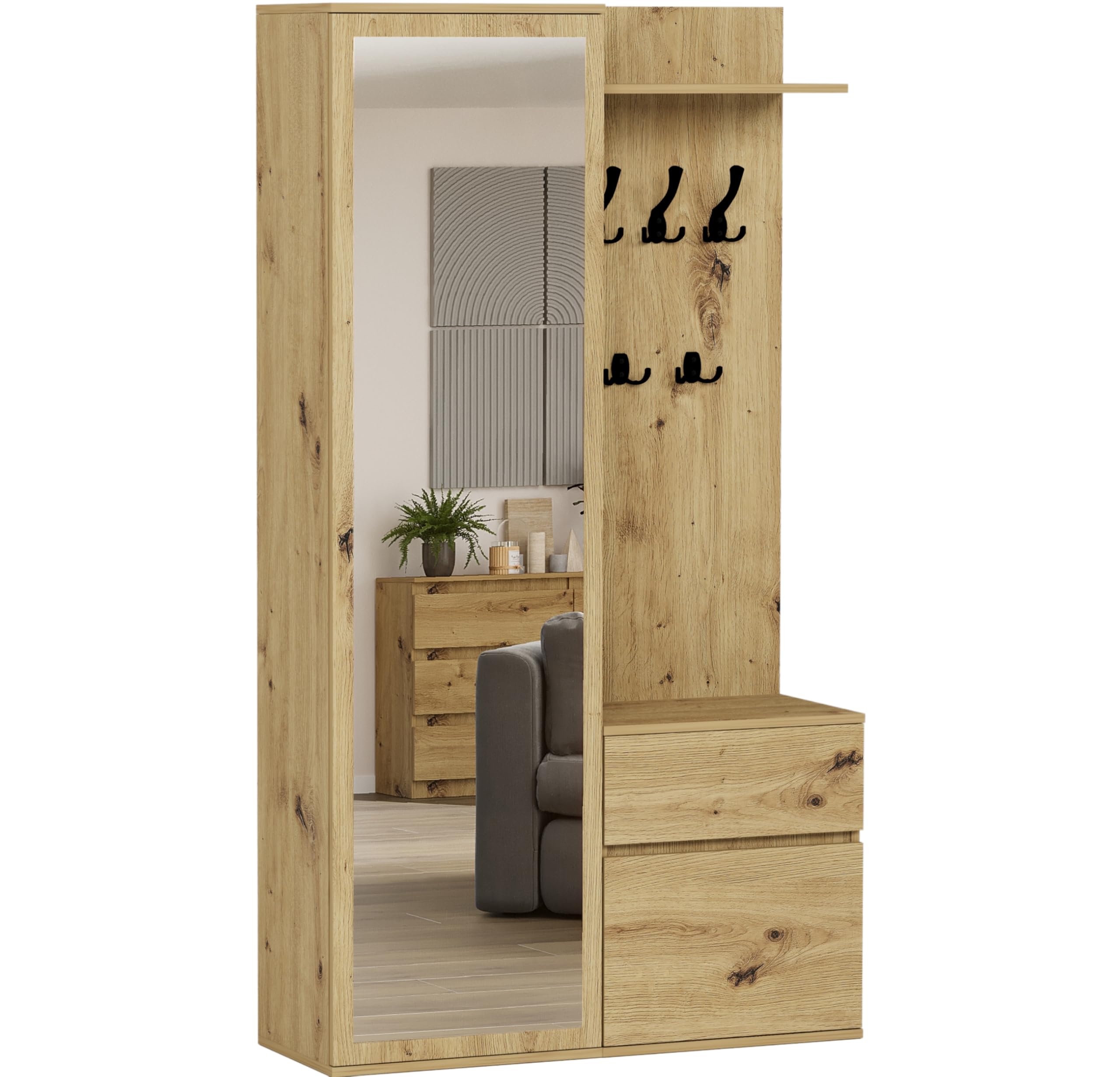 Flurgarderoben-Set Artisan Eiche 100 cm 3-teilig Schrank mit Spiegel Garderobenpaneel mit Ablage Schuhschrank mit Schublade Modern V-5