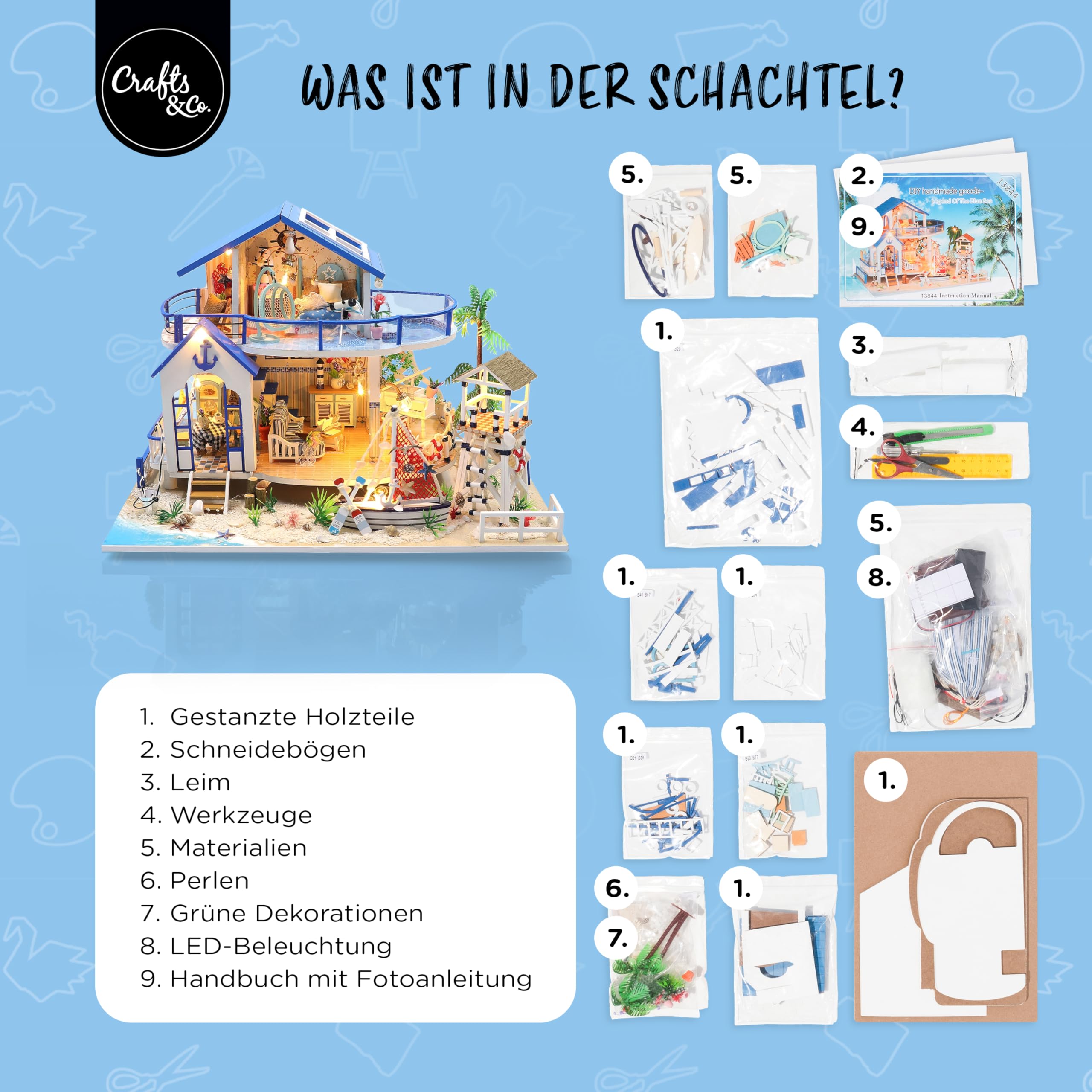 Crafts&Co® Miniatur Strandhaus | DIY Papiermodell | Detailliertes Bastelprojekt für Anfänger | 398 Teile | Bastelspaß für Jung und Alt | Mehrfarbig