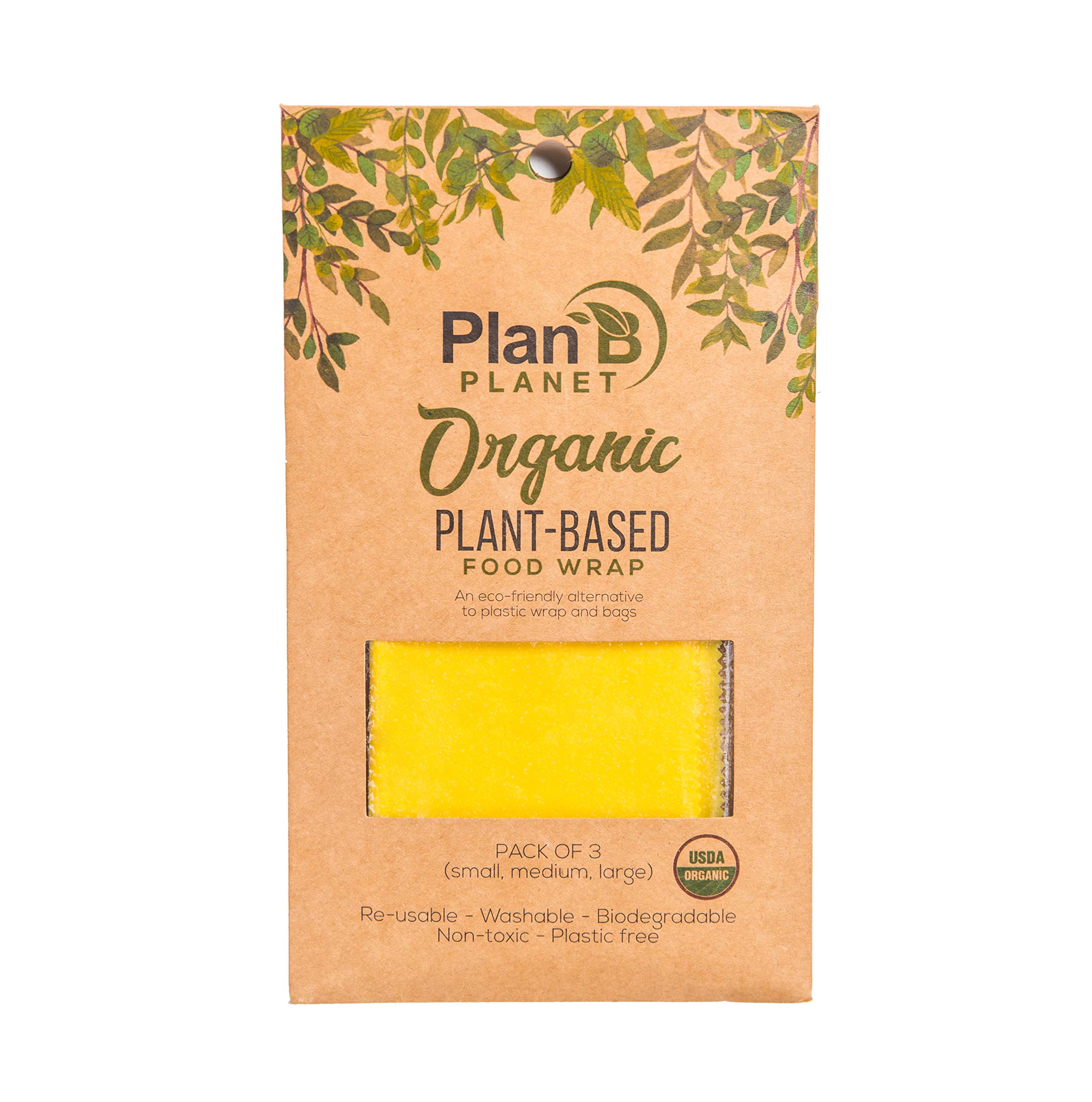 Organic Reusable Plant Based Food Wraps by Plan B Planet, No Beeswax - Biodegradable, Vegan, Non-Toxic, Eco Friendly Plastic Free Food Storage- Assorted 3 pack (1 Small, 1 Medium, 1 Large Wrappers)