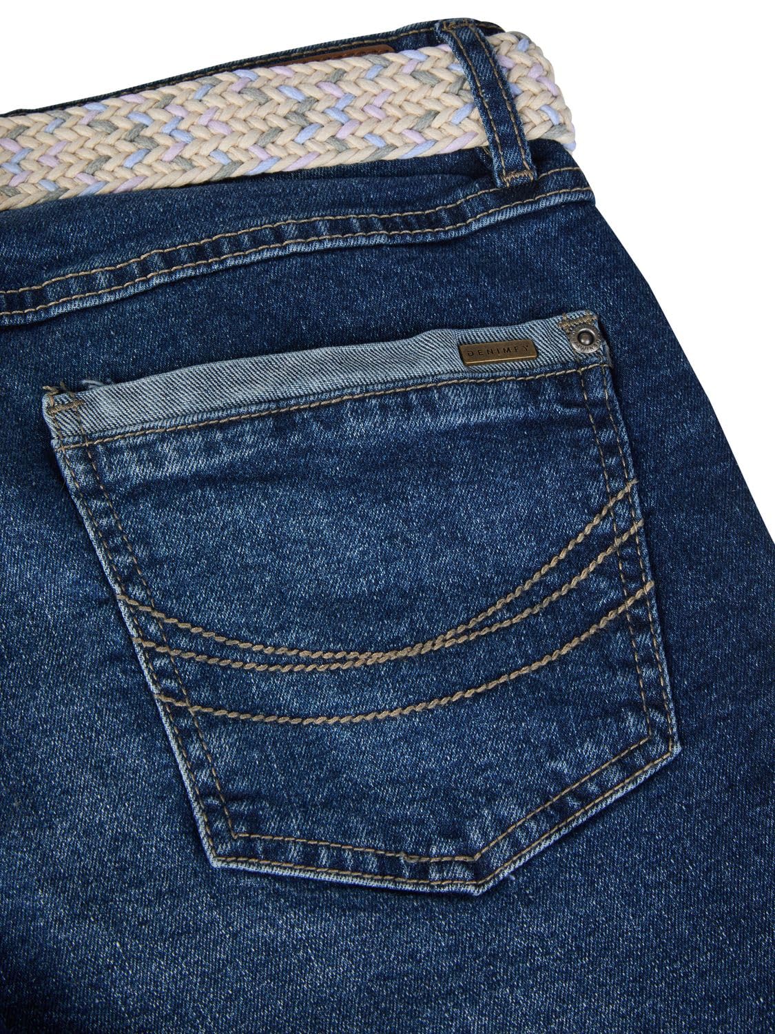 DENIMFY Jeans corti da donna con cintura, vestibilità normale, DFLena, pantaloncini estivi, in denim elasticizzato, basic, tinta unita, blu, S, M, L, XL, XXL