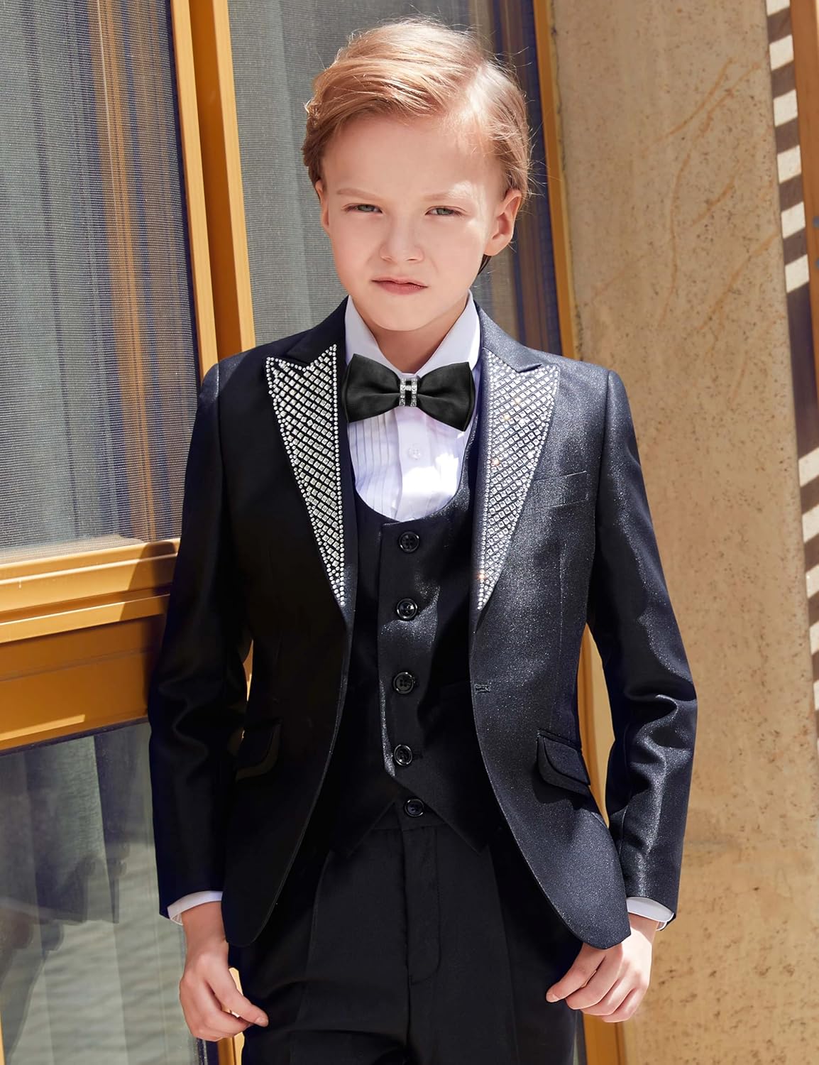 Marvelous World Boys 4-Piece Stylish Formal Tuxedo Suit Set, Suit Jacket, Pants, Vest, and Bow Tie
