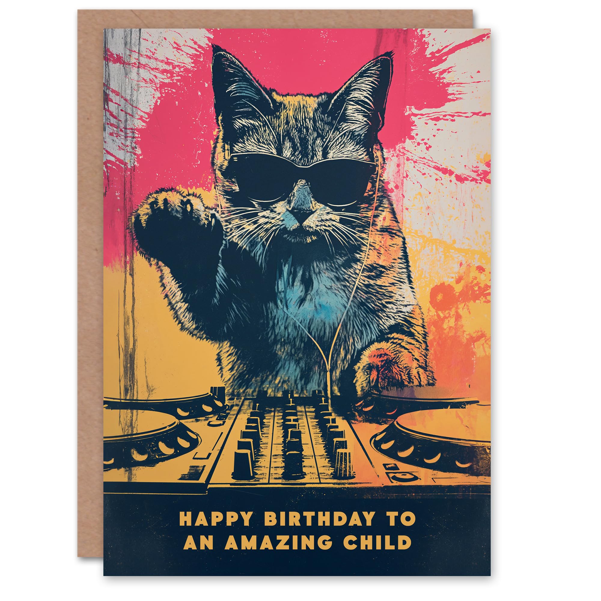 Artery8 Happy Birthday to an Amazing Child Grunge DJ Cat Lover Vinyl Decks Records Music Non Binary Gender Neutral Card