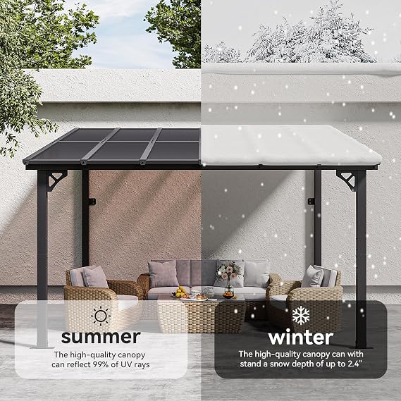 Aoxun 12x10 Gazebo for Patio, Gazebo Pergola with Sloped Roof, Black | Heavy Duty Aluminum Frame Lean to Gazebo, Wall Mounted Gazebos Pergola on Clearance, Awnings for Patio, Decks, Backyard