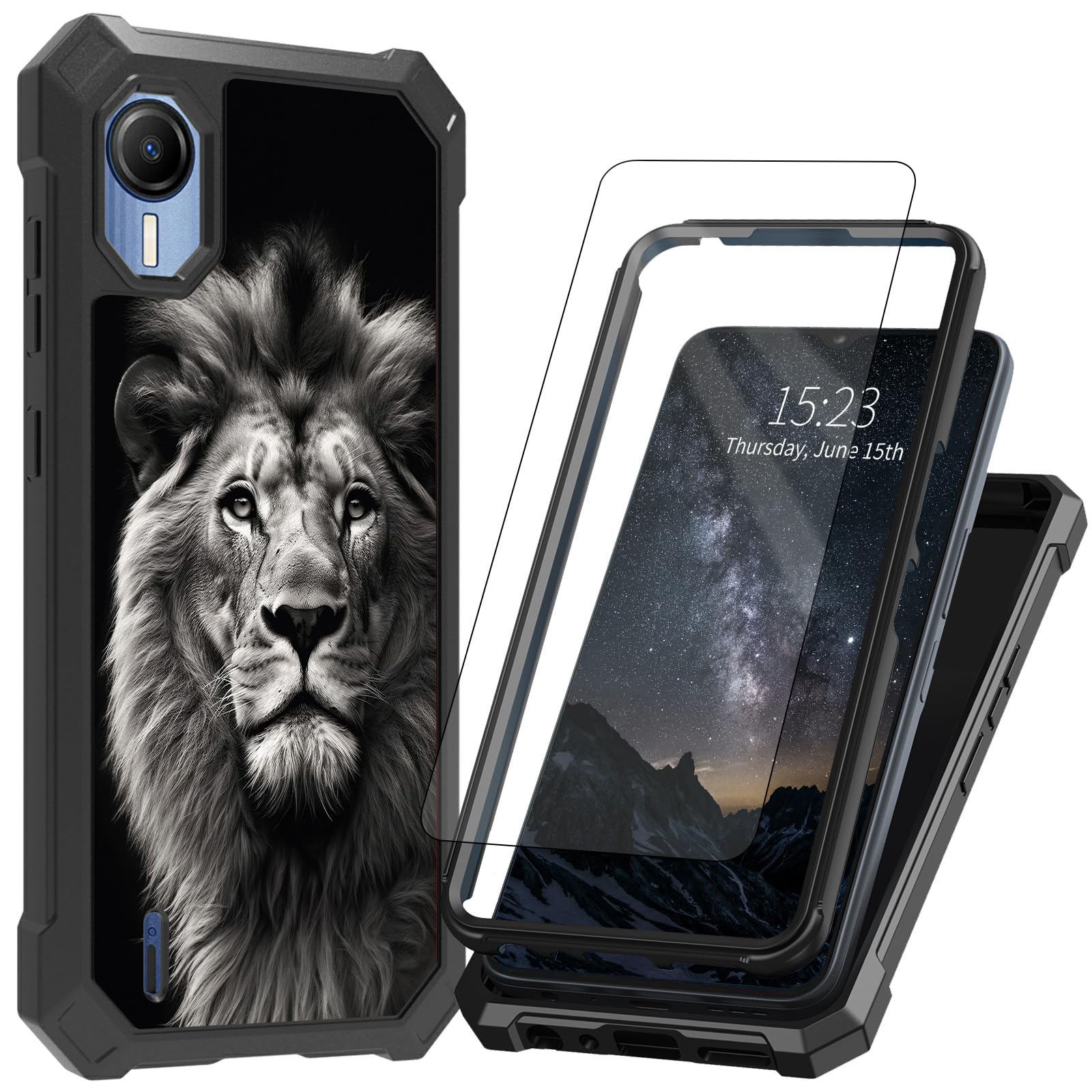 for Cricket Debut S2 Case/At&t Calypso 4 Phone Case with Tempered Glass Screen Protector Dual Layer Structure Protection Shockproof TPU Bumper Cover for Cricket Debut S2,Cool Lion Black