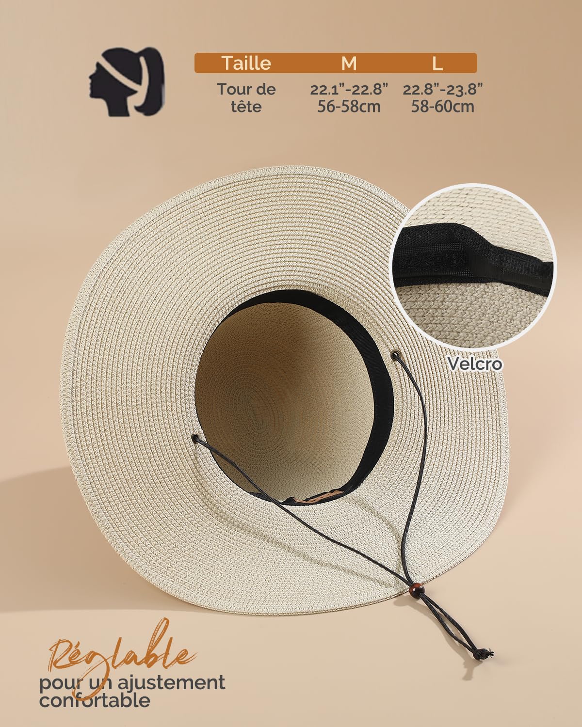 Creekstone Chapeau de Paille Soleil pour Femme à Large Bord UPF 50 Protection Solaire Pliable Chapeau Souple de Plage d'été avec Cordon Coupe-Vent