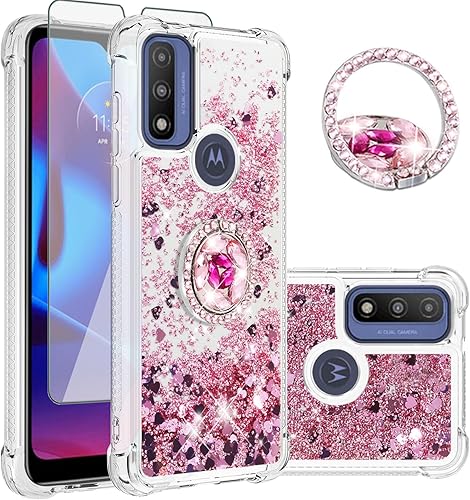 Asuwish Funda de teléfono para Motorola Moto G Pure 2021 con protector de pantalla y soporte para anillo, funda de silicona híbrida transparente con