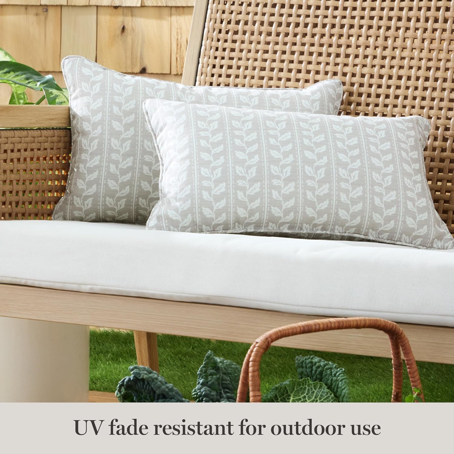 Martha Stewart Vineyard Vines Indoor Outdoor Decorative Lumbar Pillow 2-Pack Set, UV Fade Resistant, Water Repellent, Printed Garden Design, Warm Grey, 11"x18"