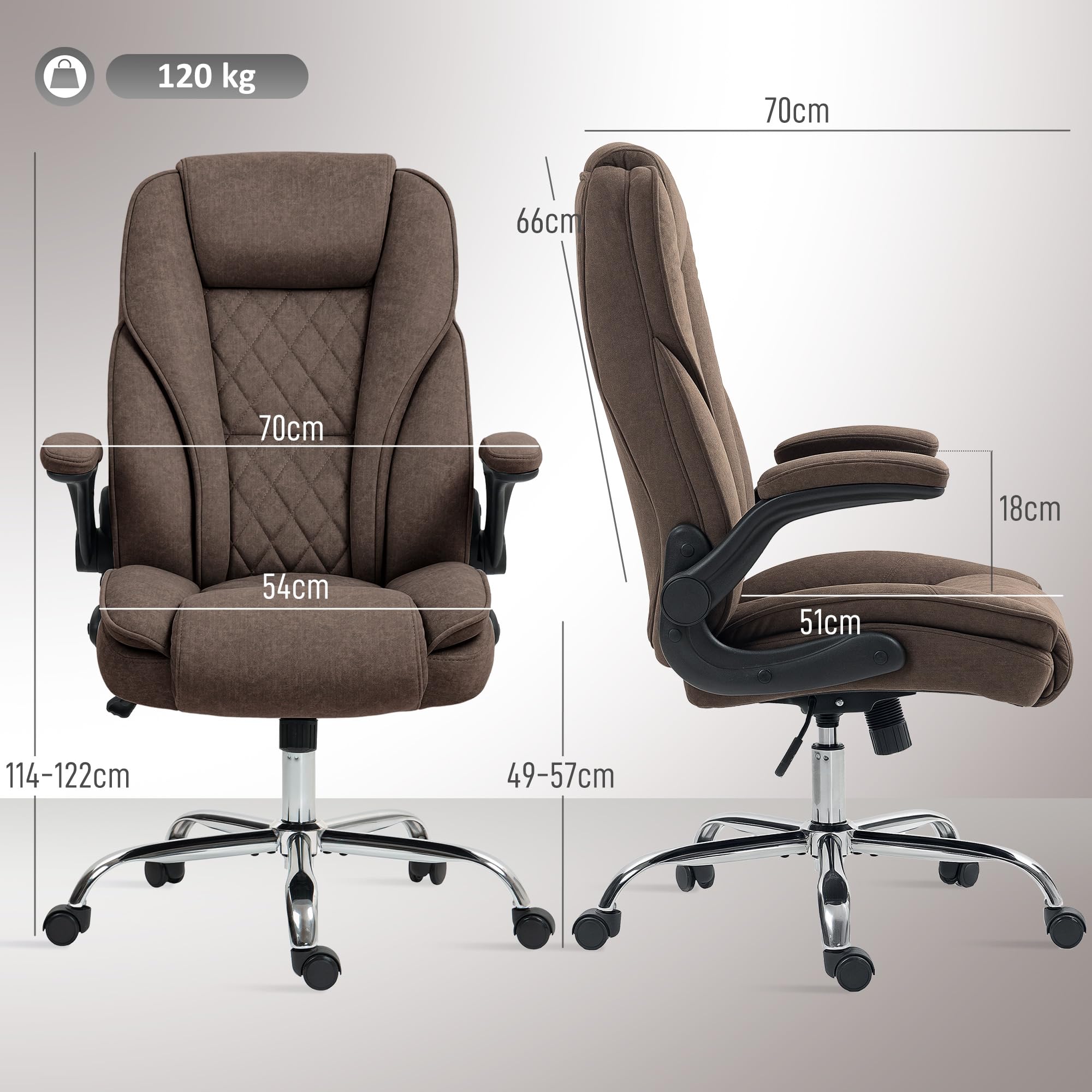 HOMCOM Sedia schienale alto, ruote, braccioli ribaltabili, marrone scuro