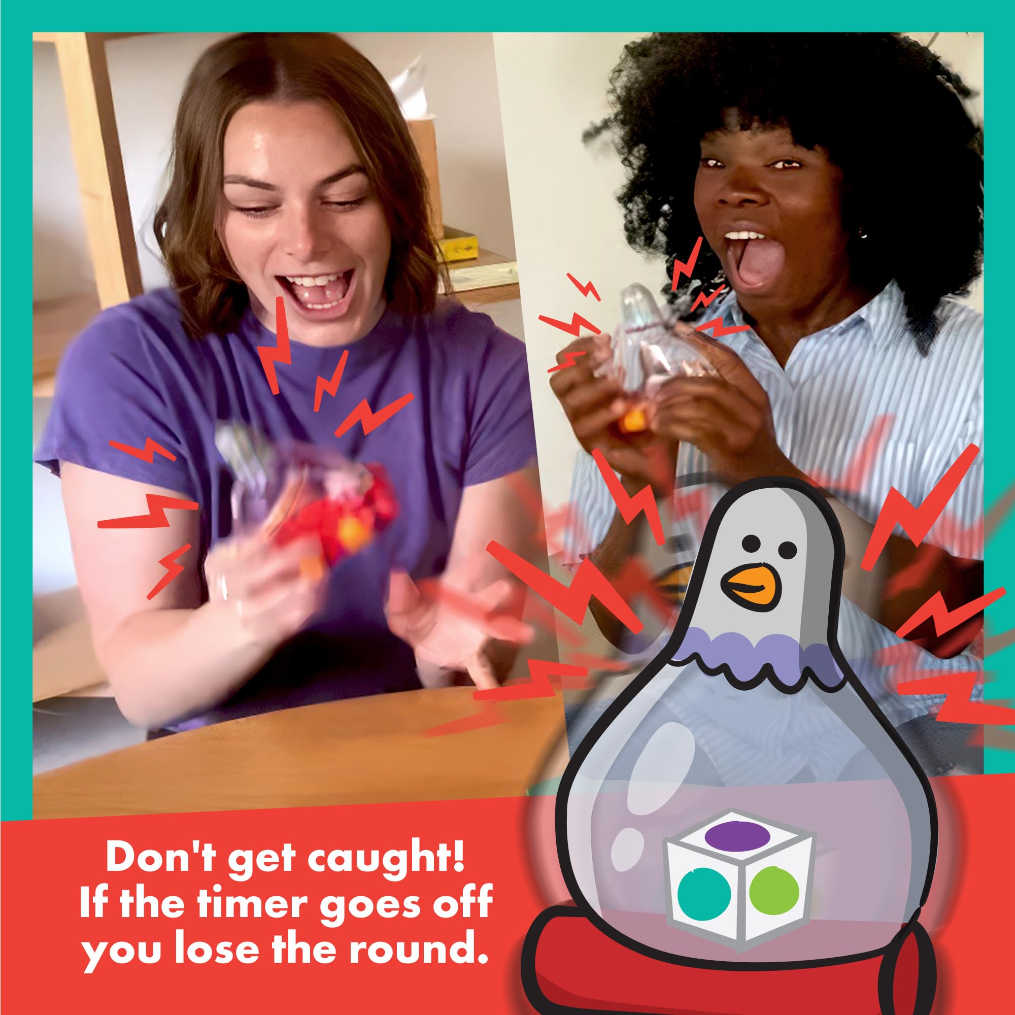 Exploding Pigeon: By Exploding Kittens, 3+ Players, Age 7+ Party Game | Shake the pigeon timer, reveal team challenges, then draw, mime, and race through 75 quick-fire cards for family game night.