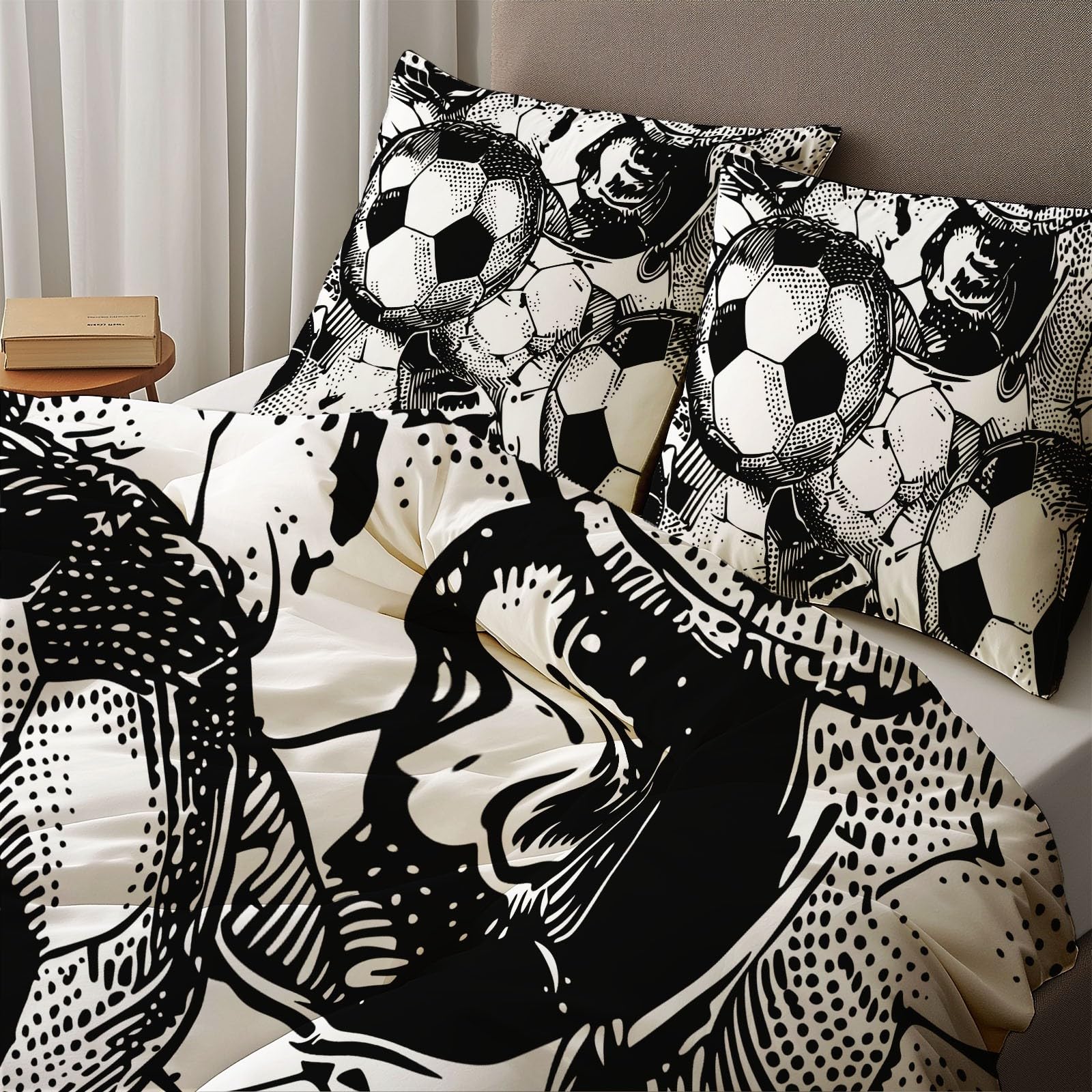Generico Arte Cómico Líneas FútbolJuego de Funda Nordica Estampada Cama 90-150 x 220 cm + 50x75x2, Microfibra Suave Transpirable, Juego de Funda de Edredon con Cremallera, Gris