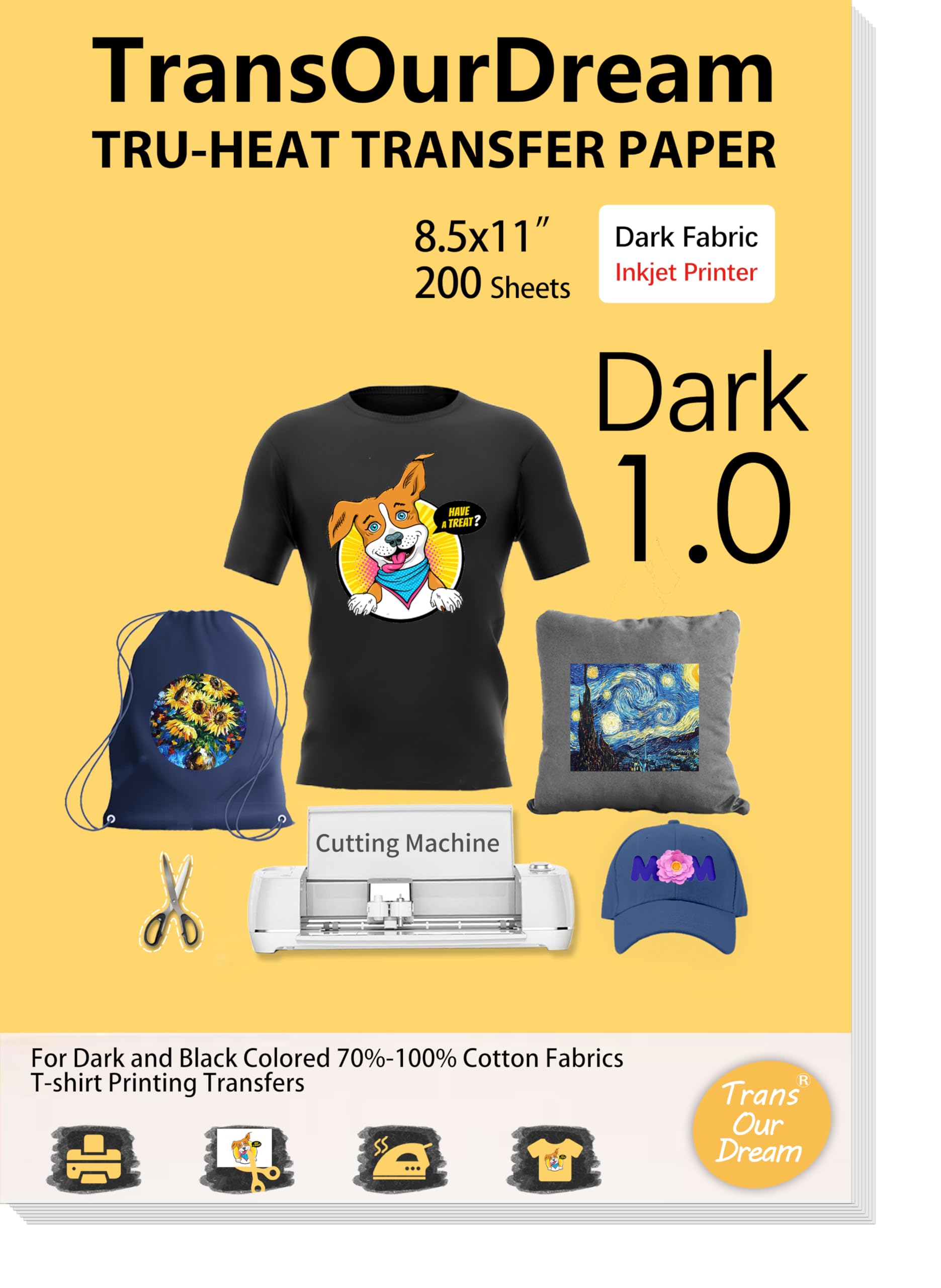 TransOurDream Heat Transfer Paper for Dark Fabric (200 Sheets, 8.5x11) Printable Heat Transfer Vinyl for T-Shirts Iron on Transfers for Inkjet Printer