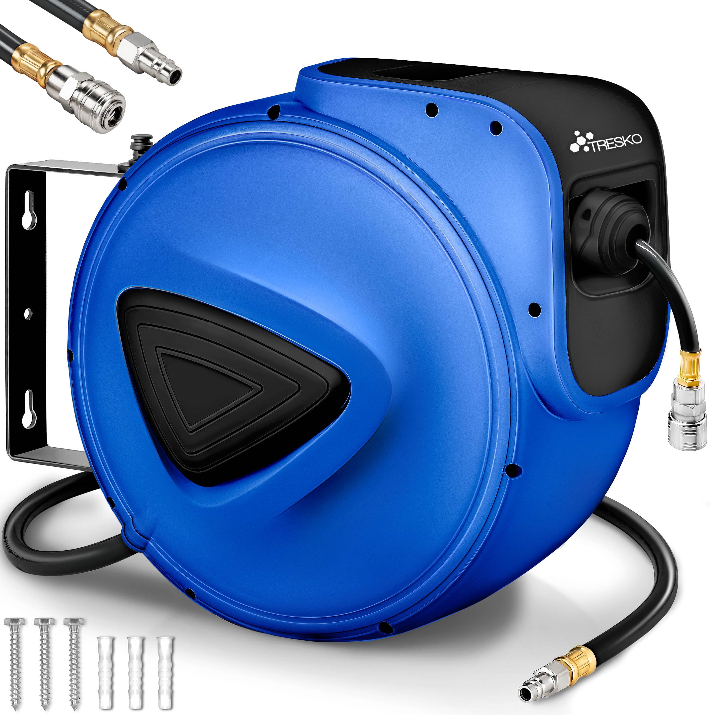 TRESKO® Avvolgitubo Aria Compressa 30 mt con Tubo | Avvolgitubo Pneumatico attacco 1/4" | Dispositivo di Arresto Automatico e Riavvolgitore Automatico, Blu