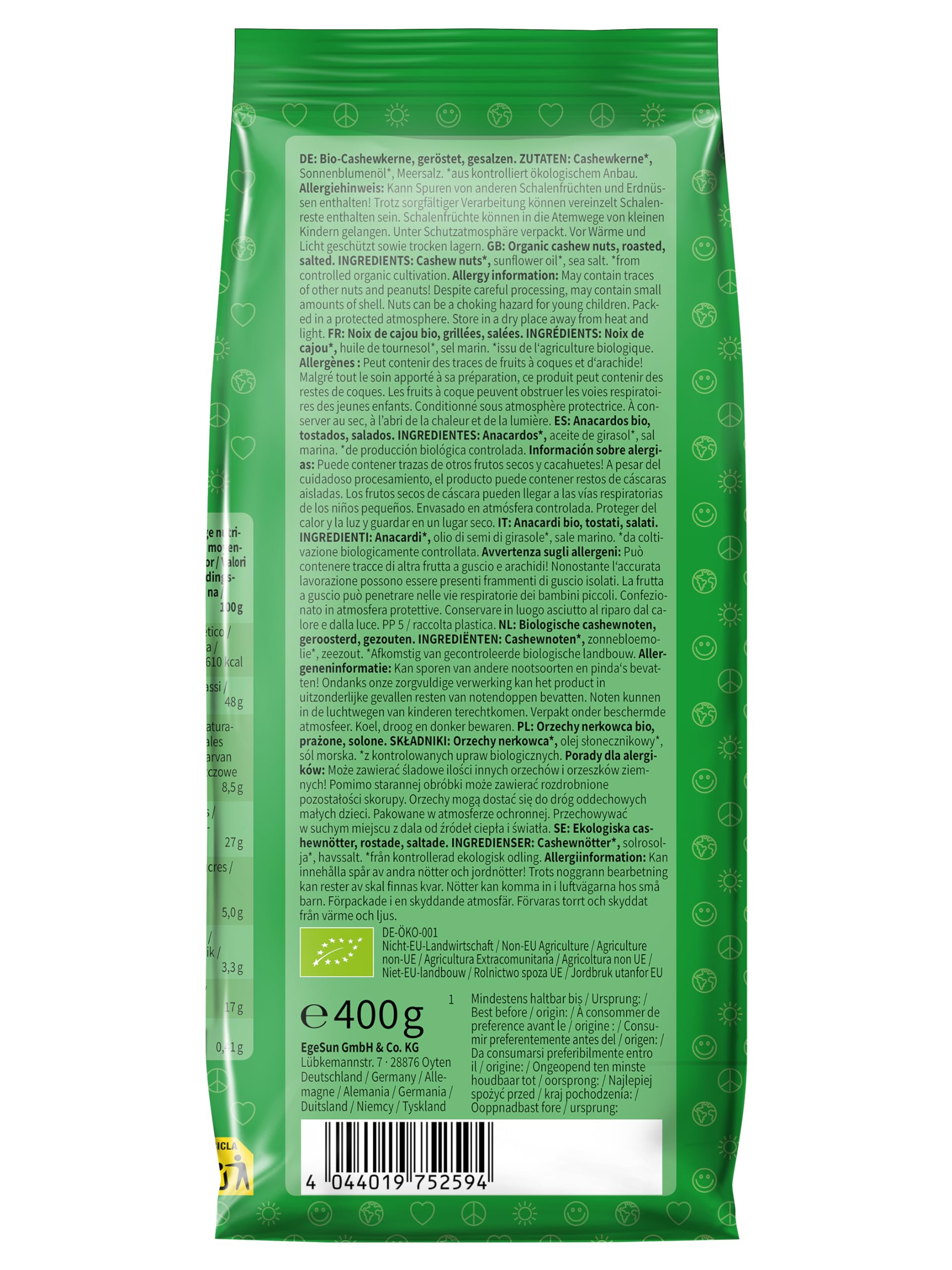 Mundo Feliz Anacardos Ecológicos, Tostados, Salados, 2 x 400 g
