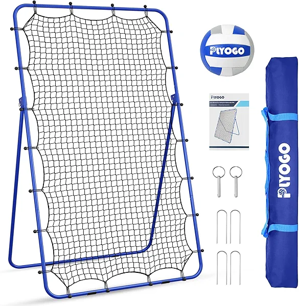 PLYOGO Volleyball Rebounder Net, 4×7FT Bounce Back Practice Net with 5 Adjustable Angles, Indoor Outdoor Easy-Set Up Training Equipment for Improving Spiking Skills, Carrying Bag & PU Volleyball
