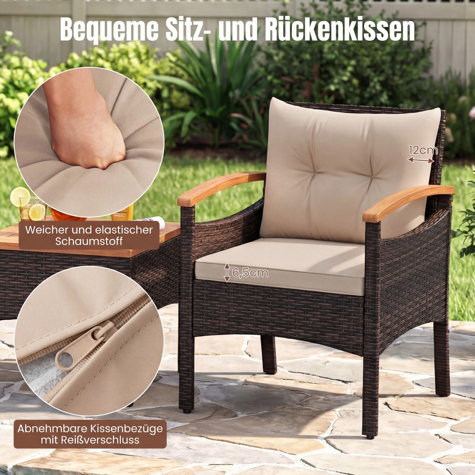 COSTWAY Balkonmöbel Set, Rattan Gartenmöbel Set 3 teilig mit 2 Stühle und Tisch aus Akazienholz, Balkonmöbel Kleiner Balkon, Gartenlounge 2 Personen inkl. Kissen, für Garten Terrassen Balkon (Braun)