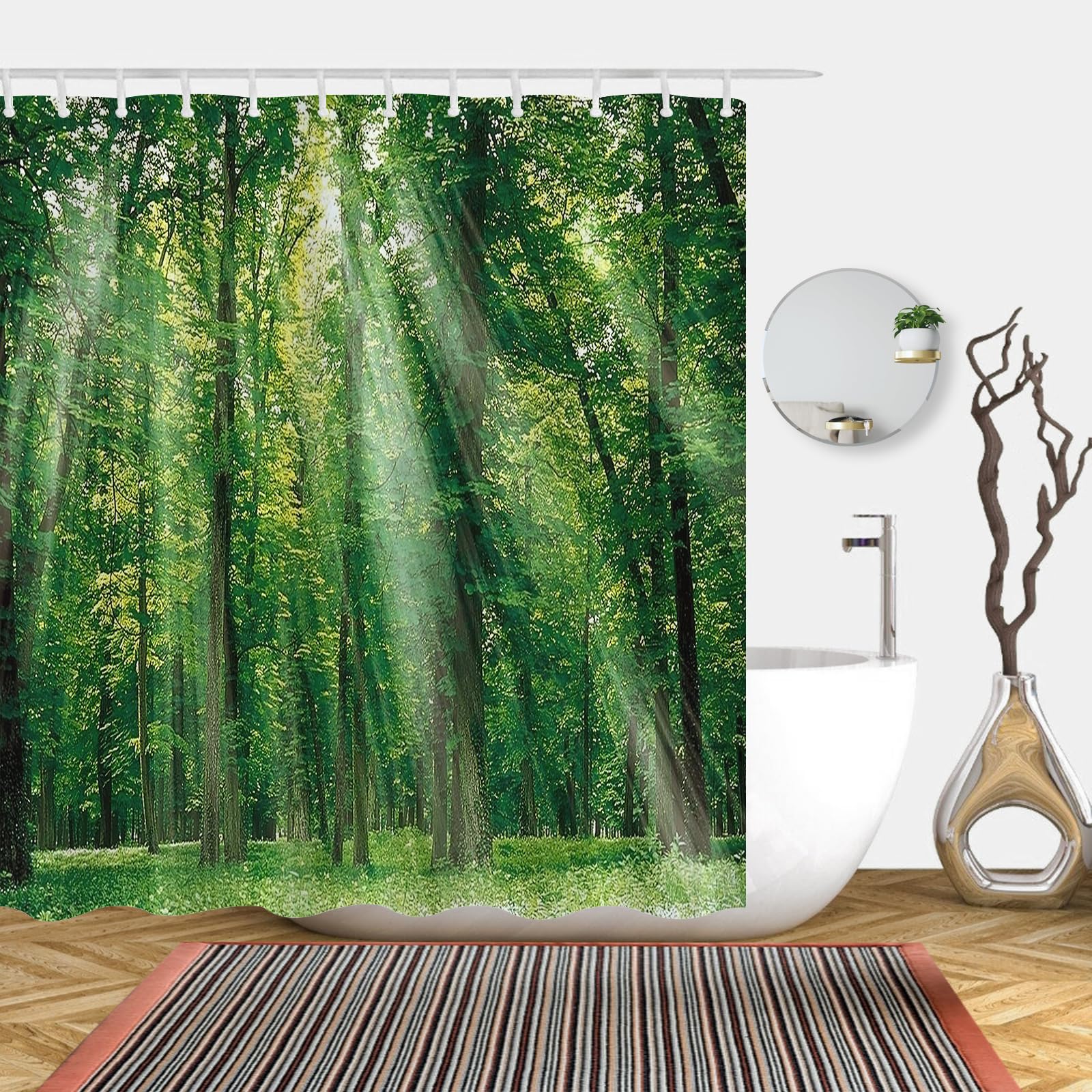 Simpomsy Green Forest Shower Curtain, Green Jungle Tall Trees Sunshine Shower Curtains - Image 3