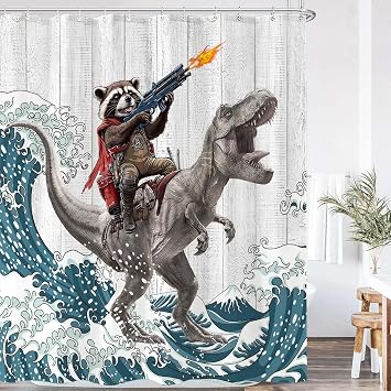 Funny Raccoon Dinosaur Shower Curtain 84 Inch Extra Long Fun Cool Animal Japanese Ocean Wave Shower Curtains for Bathroom Kids Unique Waterproof Fabric Rustic Wooden Farmhouse Bath Curtain Decor