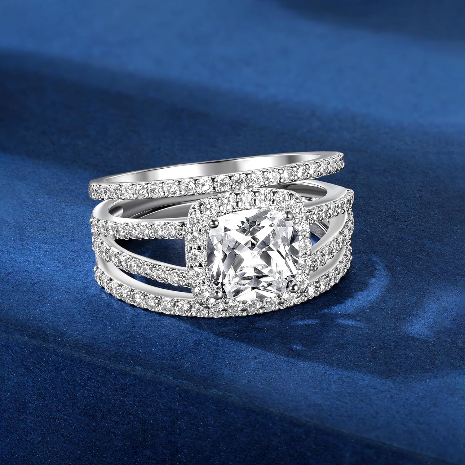 MDFUN 18K White Gold Plated Cubic Zirconia Square Halo Wedding Engagement Promise Eternity Ring for Women - Image 5