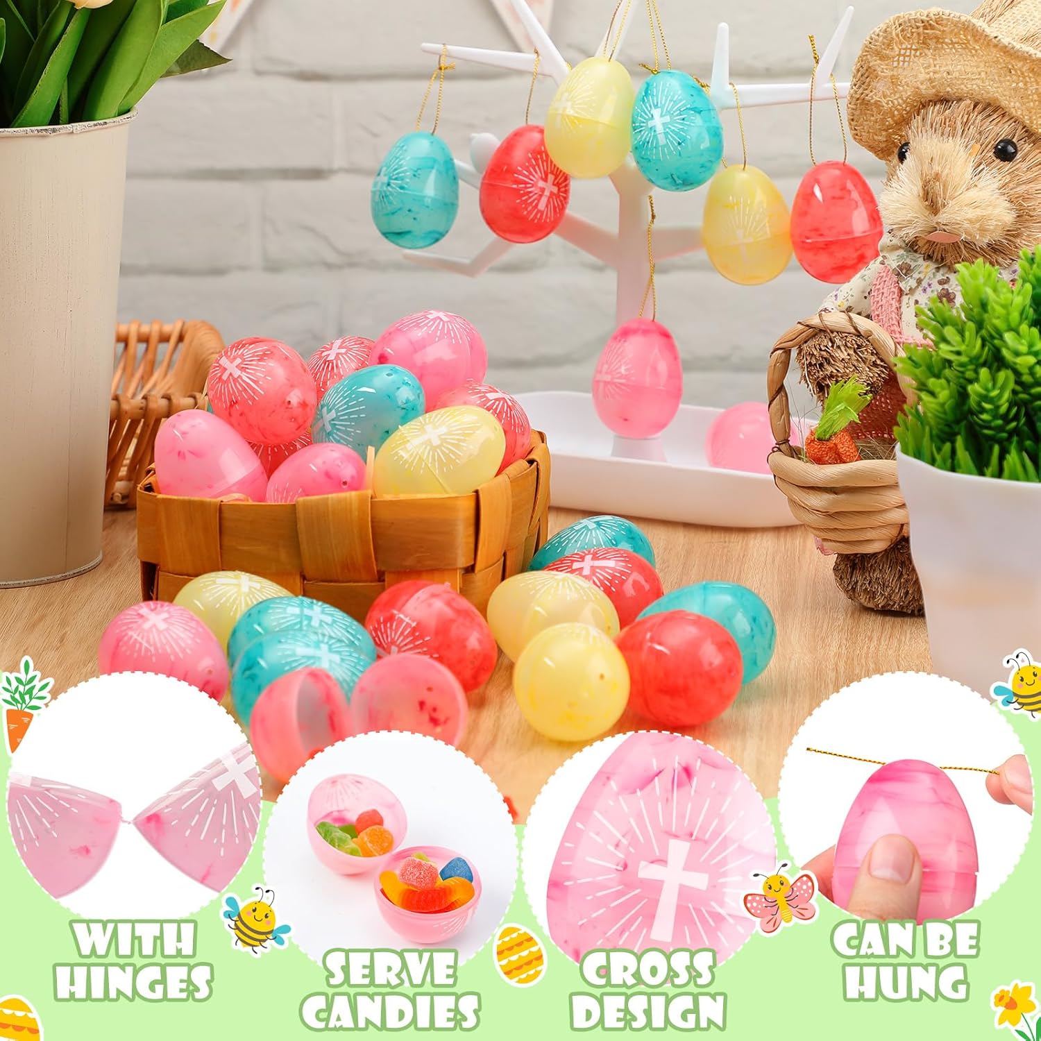 72 Pcs Marble Religious Easter Eggs Bulk Plastic Empty Fillable Cross Eggs Christian Gifts for Easter Egg Hunt Basket Stuffers Sunday Church Party Favors