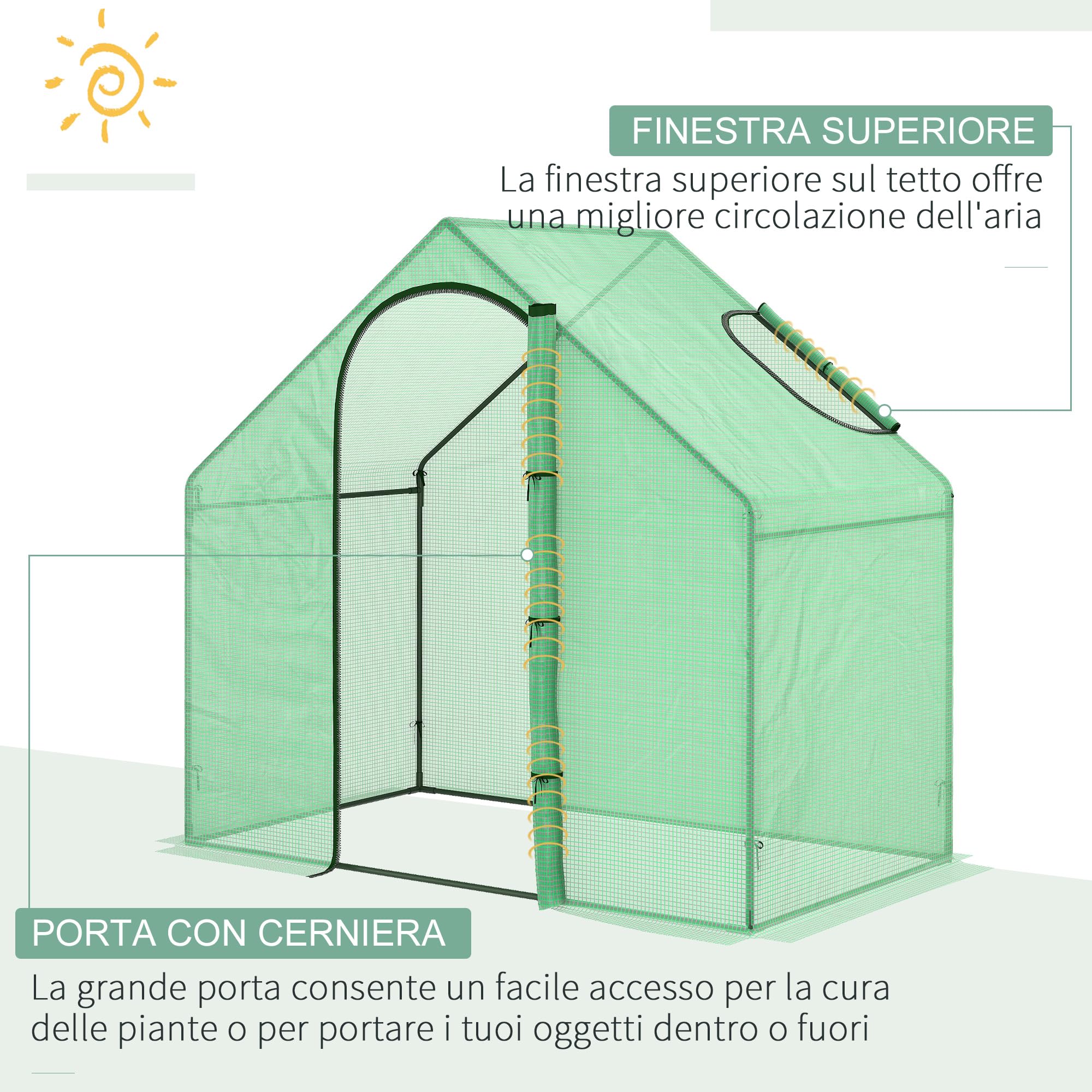Outsunny Serra da Giardino in Polietilene e Acciaio con Porta a Cerniera e Presa d'Aria, Funi e Paletti Inclusi, 1.8x1x1.7 m, Verde