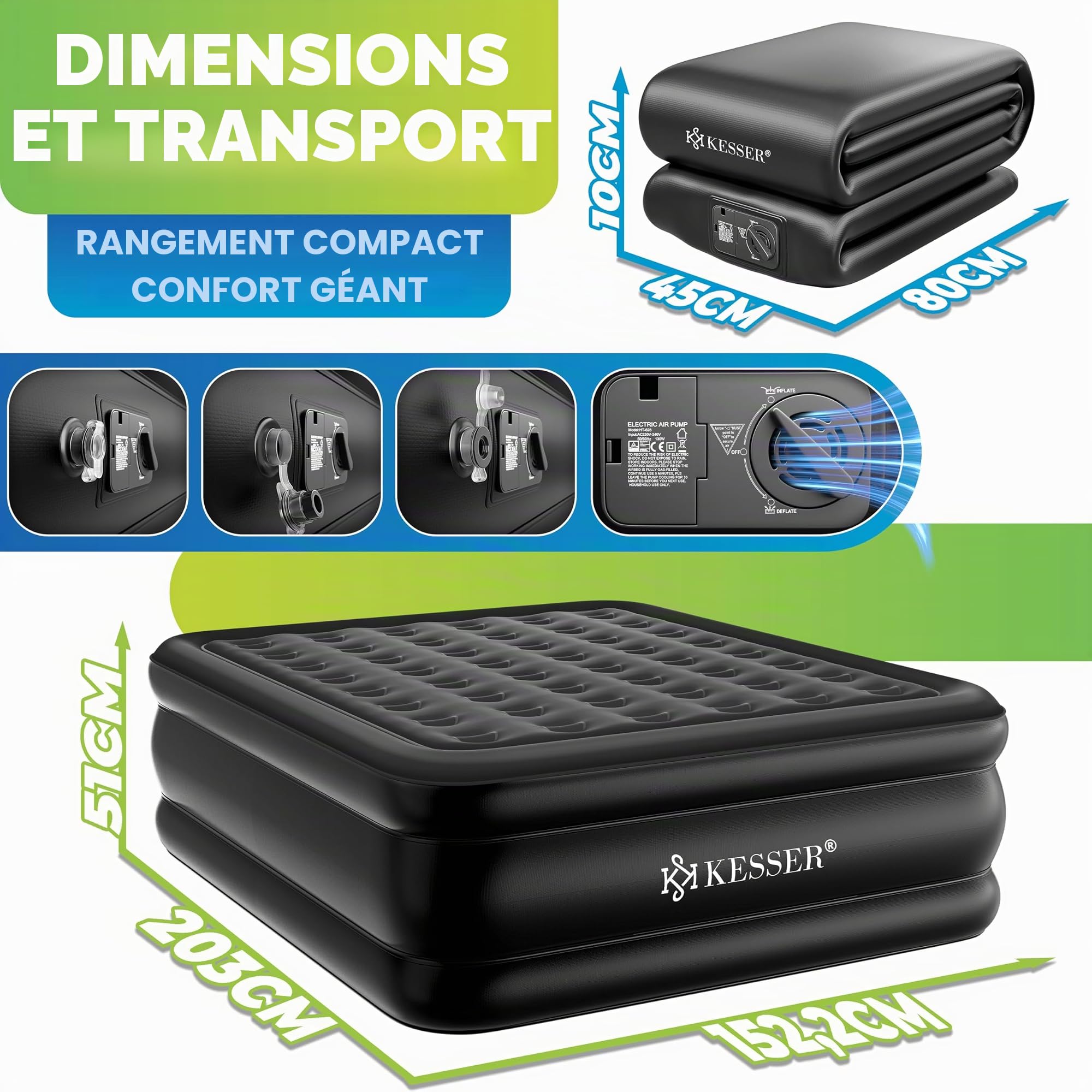 KESSER Matelas Gonflable Lit Gonflable Lit d'appoint autogonflant avec Pompe électrique intégrée, Matelas pneumatique pour Le Camping ou Un Usage Domestique avec Sac, 2 Personnes, 203 x 152,5 x 51 cm